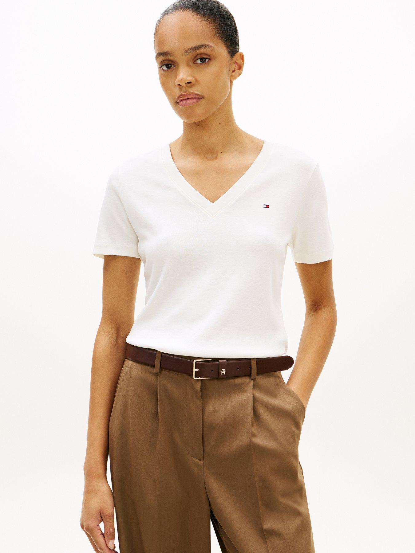 Image 1 of 5 of Tommy Hilfiger Slim V-neck Short Sleeve T-shirt - Cream