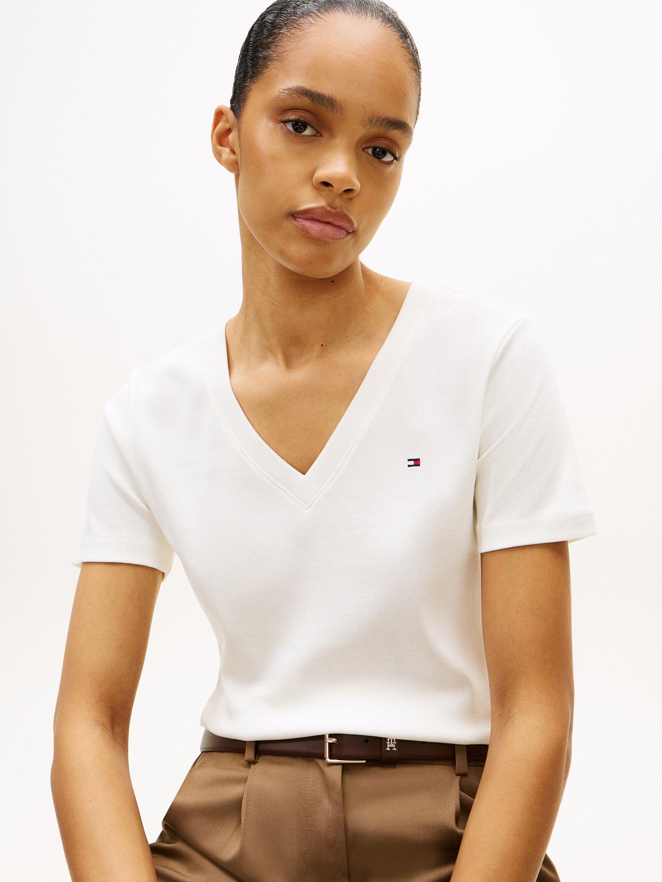 Image 4 of 5 of Tommy Hilfiger Slim V-neck Short Sleeve T-shirt - Cream