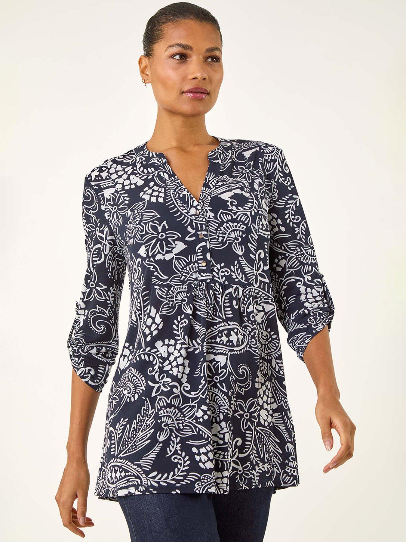 Image 1 of 5 of Roman Abstract Print Buttoned Tunic Top - Navy