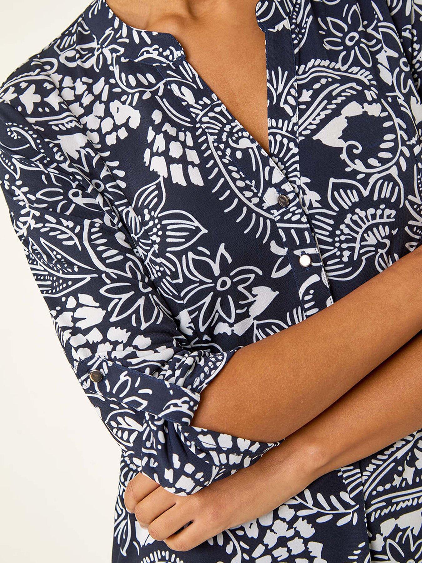 Image 5 of 5 of Roman Abstract Print Buttoned Tunic Top - Navy