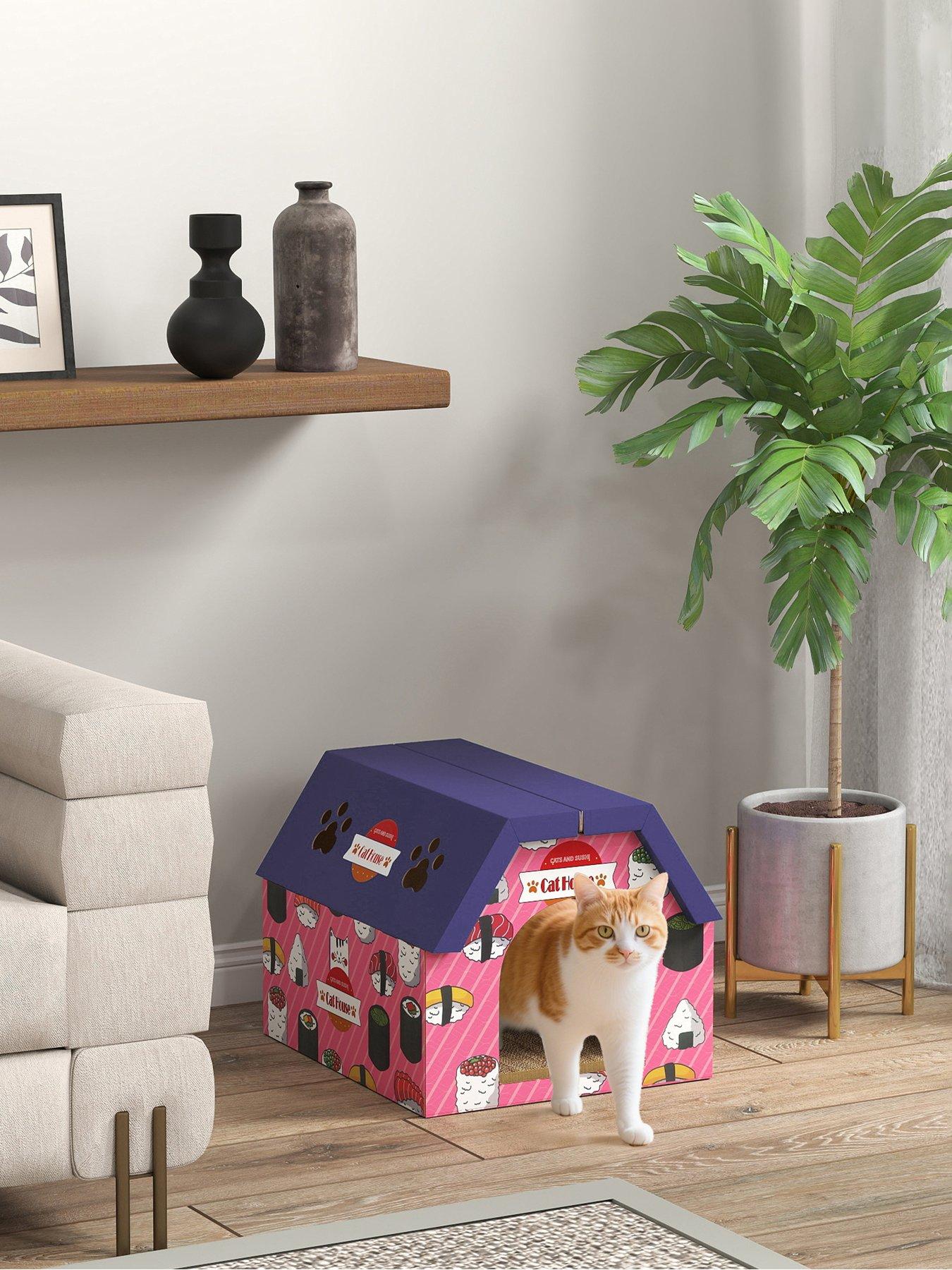 pawhut-2-in-1-cat-scratching-board-house-with-4-paw-shaped-vents-pink