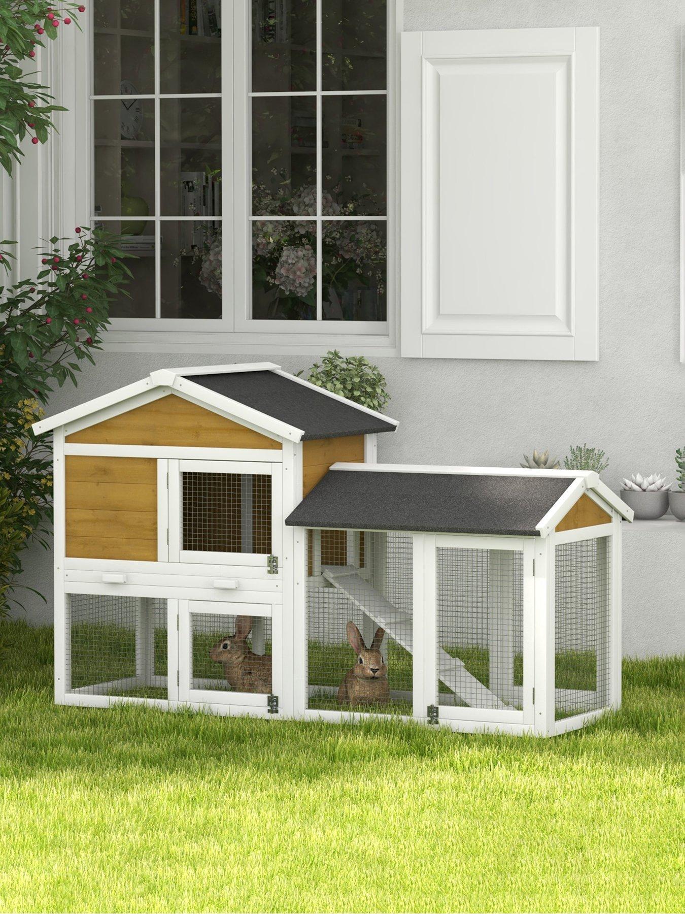 pawhut-rabbit-hutch-guinea-pig-hutch-outdoor-double-tier-w-ramp-yellow
