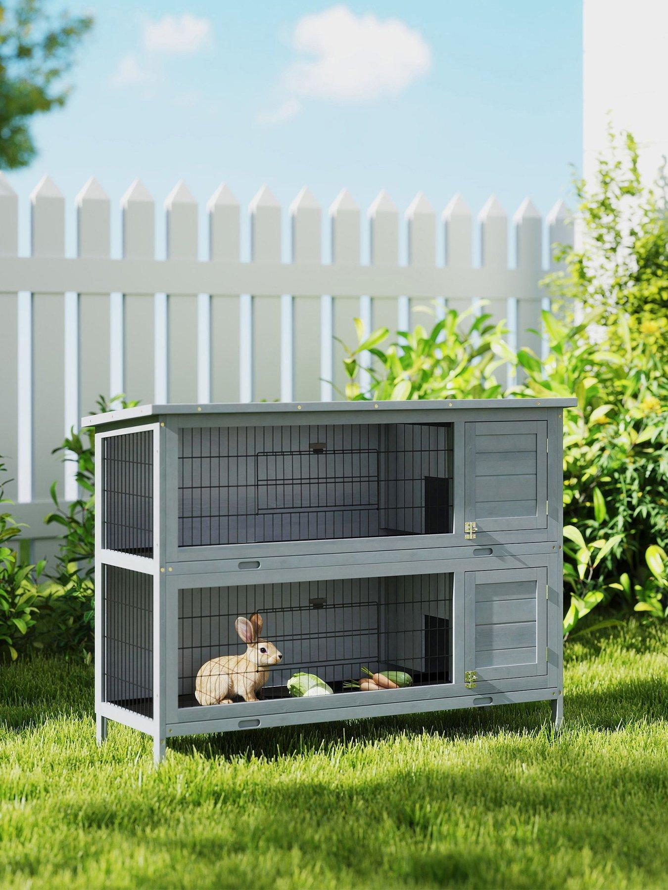 PawHut Rabbit Hutch, Guinea Pig Hutch with No-Leak Trays  &  Divider, Grey