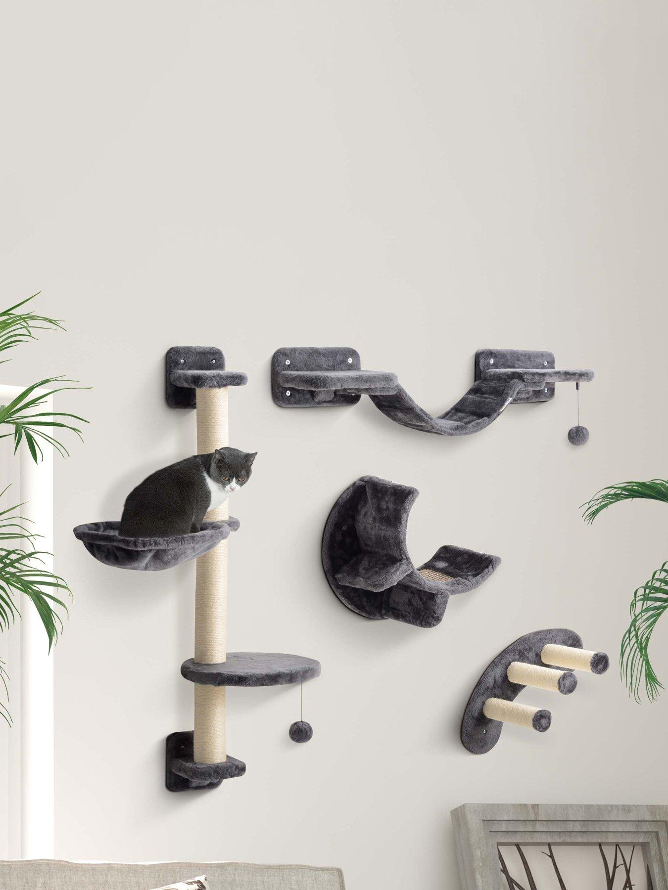 pawhut-4-piece-cat-wall-furniture-hammock-ladder-steps-plush-sisal-dark-grey