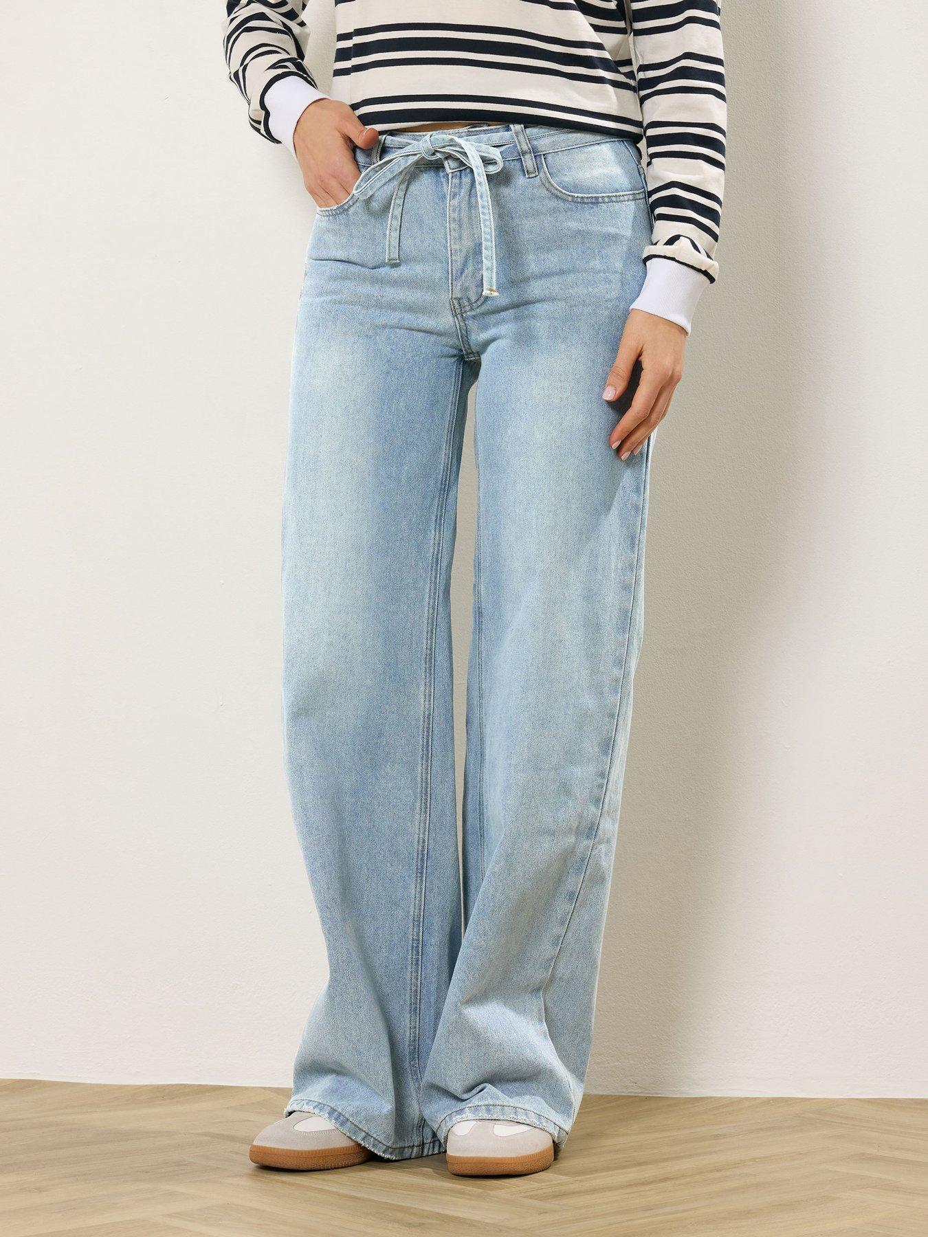 Long Tall Sally Light Wash Tie Waist Baggy Jean 36" - Blue