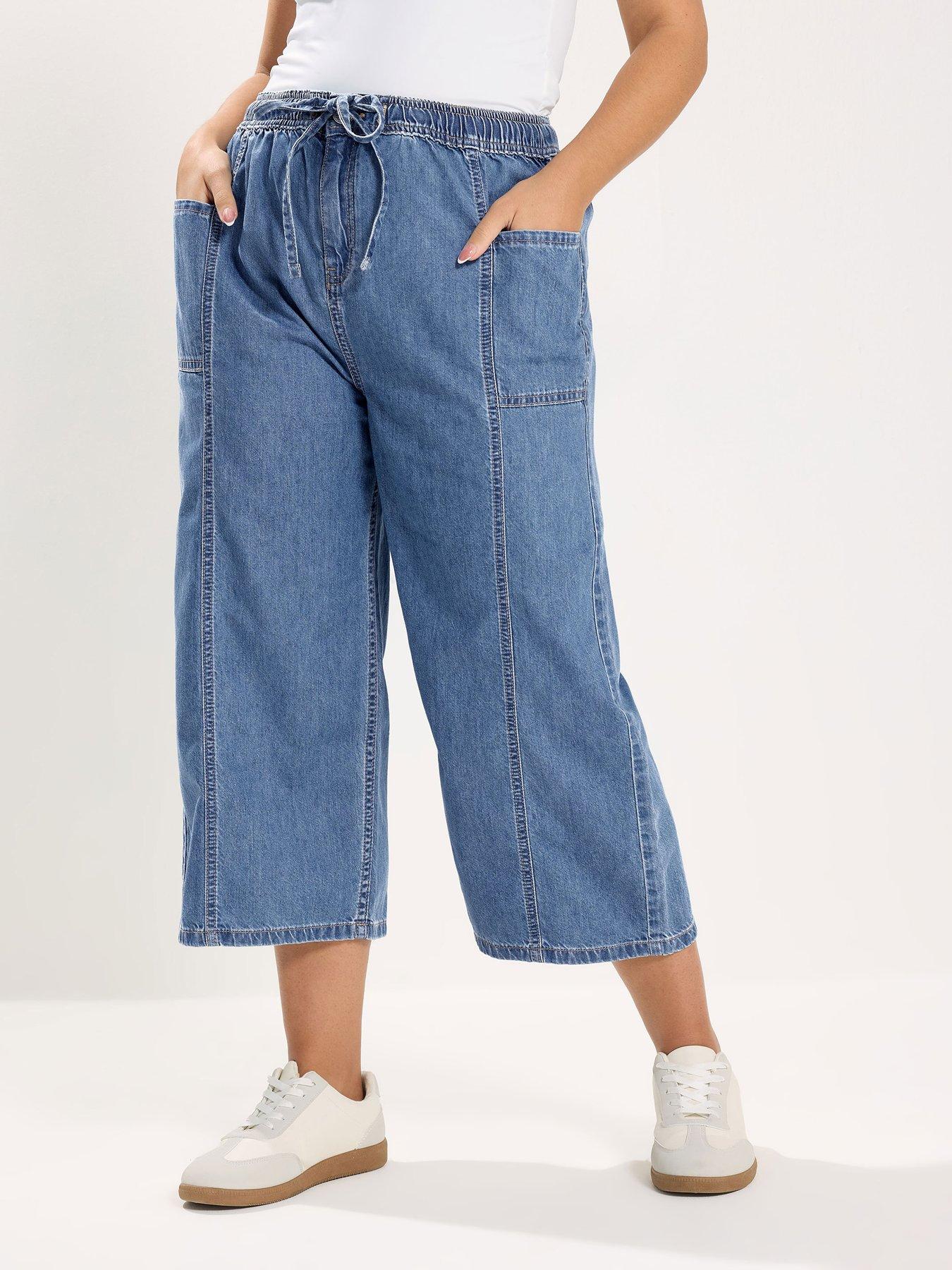 Yours Curve Tie Waist Cropped Trouser - Blue