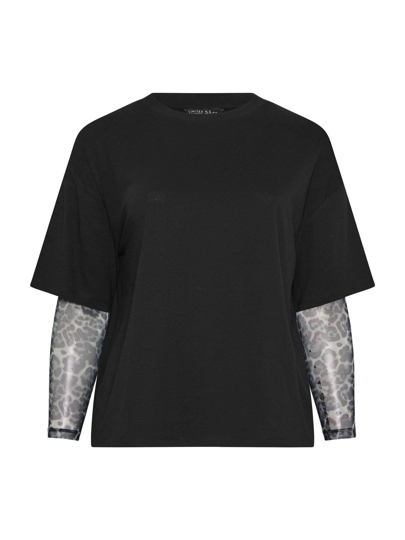 Image 5 of 5 of Yours Curve Leopard Mesh Insert Leopard T-Shirt - Black