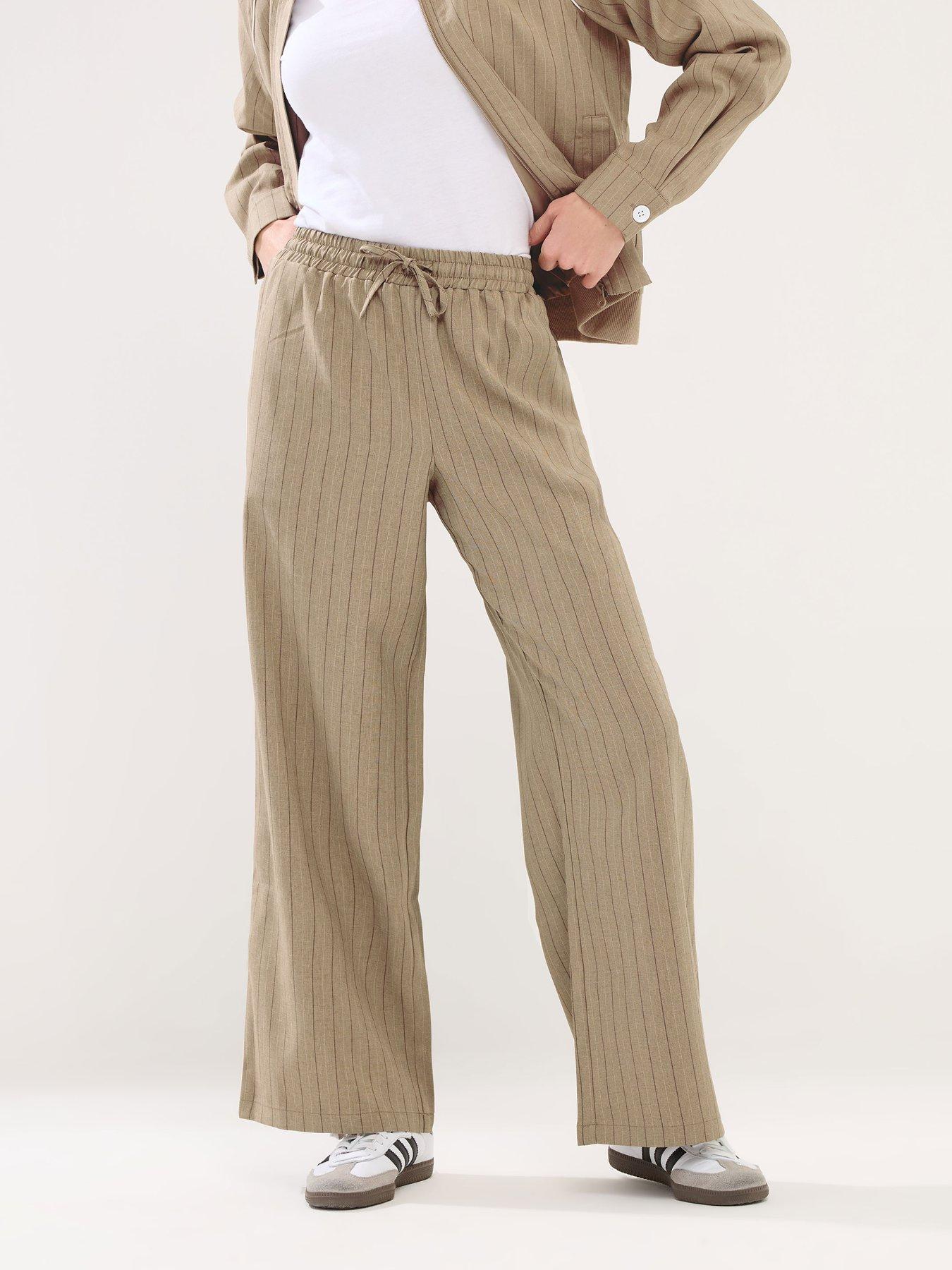 PixieGirl Petite Stripe Pull On Wide Leg Trouser - Natural Brown