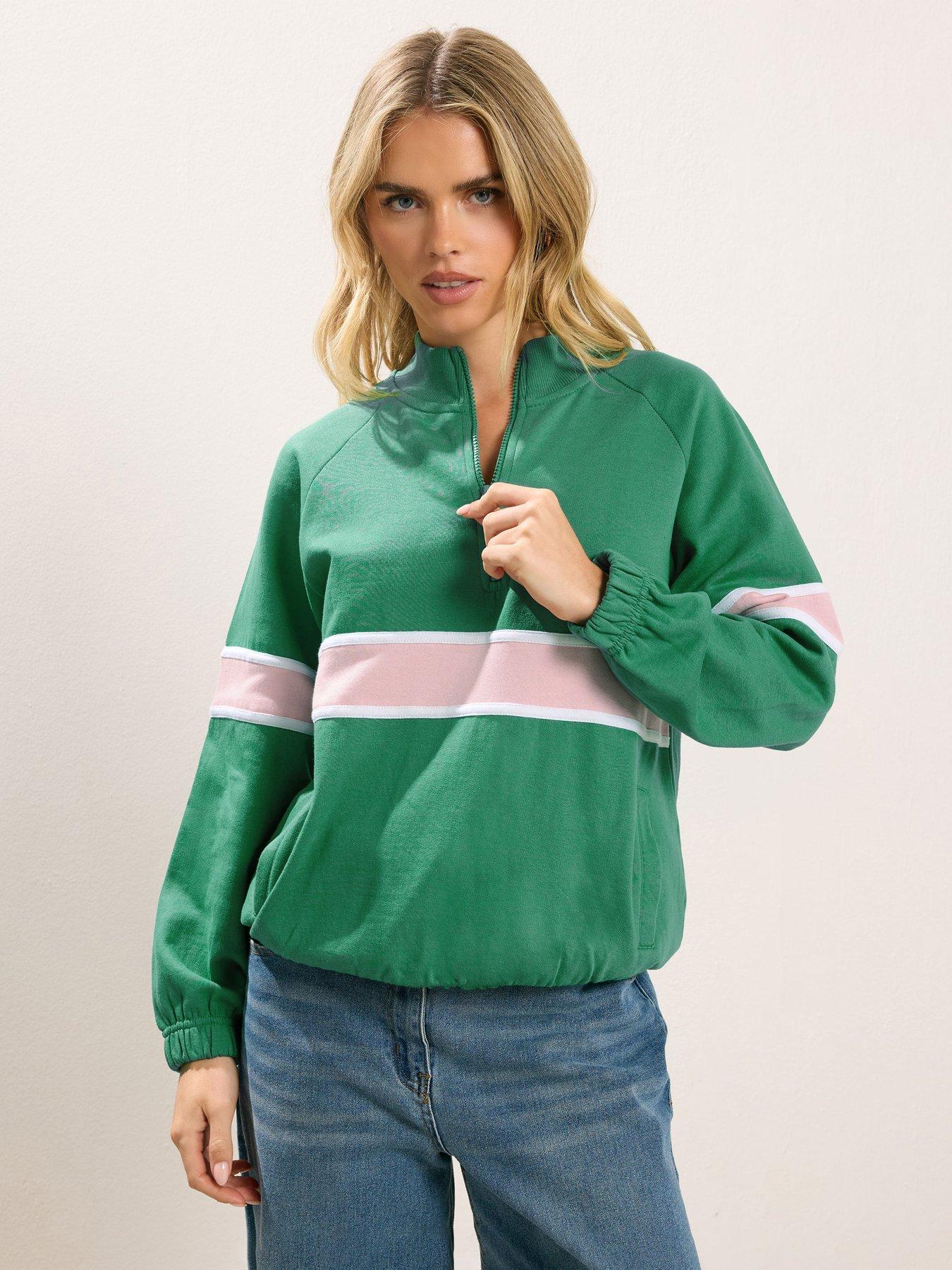 pixiegirl-petite-retro-stripe-quarter-zip-sweat-top-green