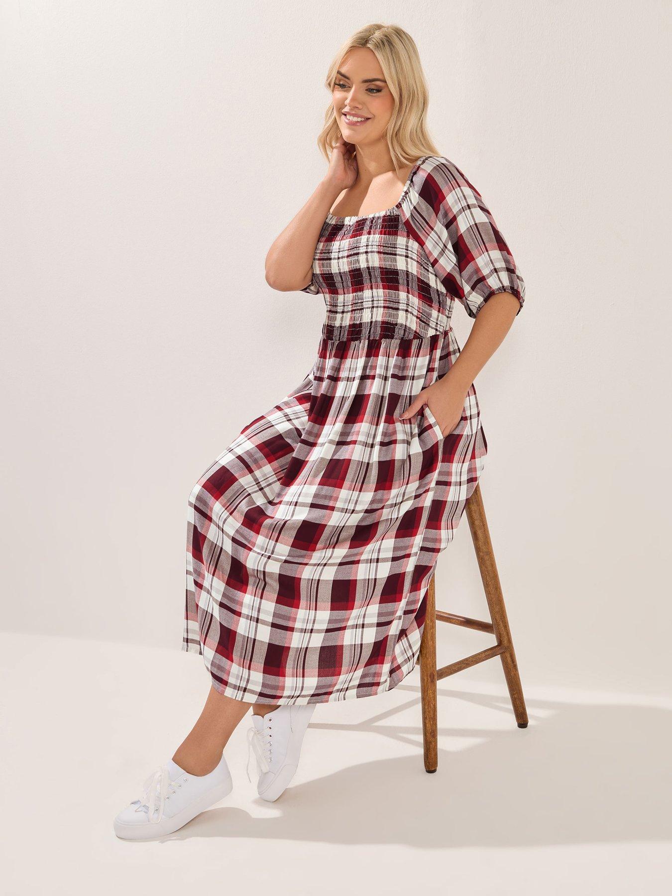 Yours Curve Shirred Square Neck Check Dress