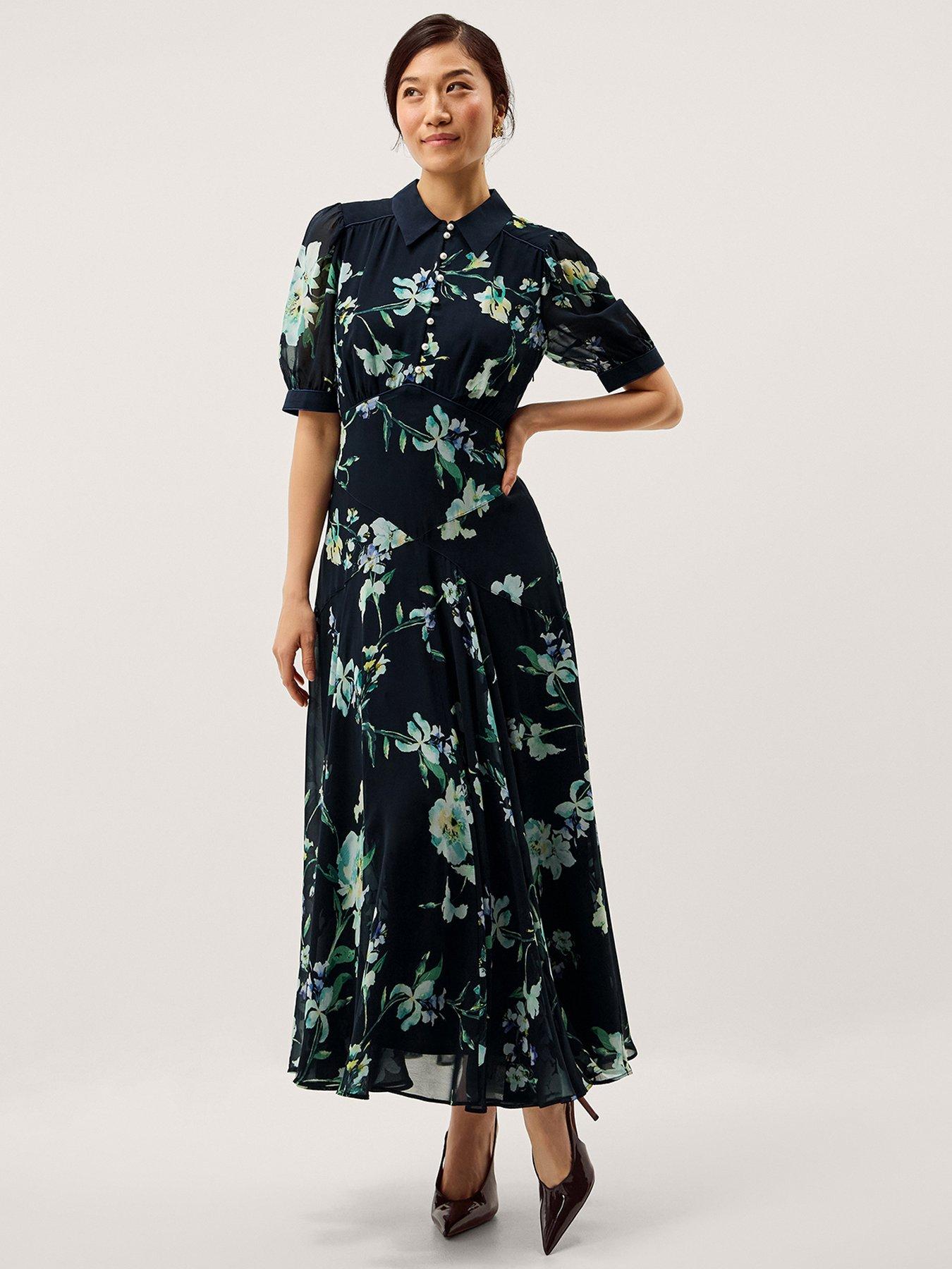 Monsoon Lilwen Floral Midi Tea Dress - Navy