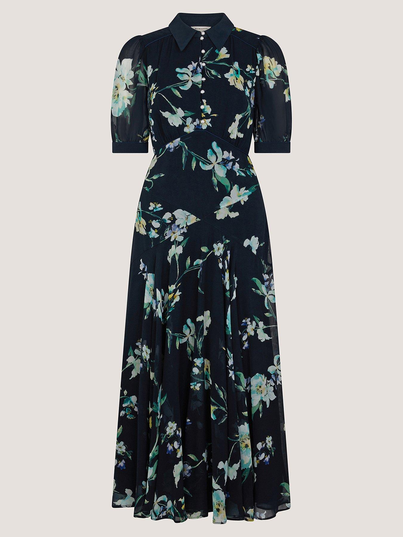 Monsoon Lilwen Floral Midi Tea Dress - Navy | Littlewoods