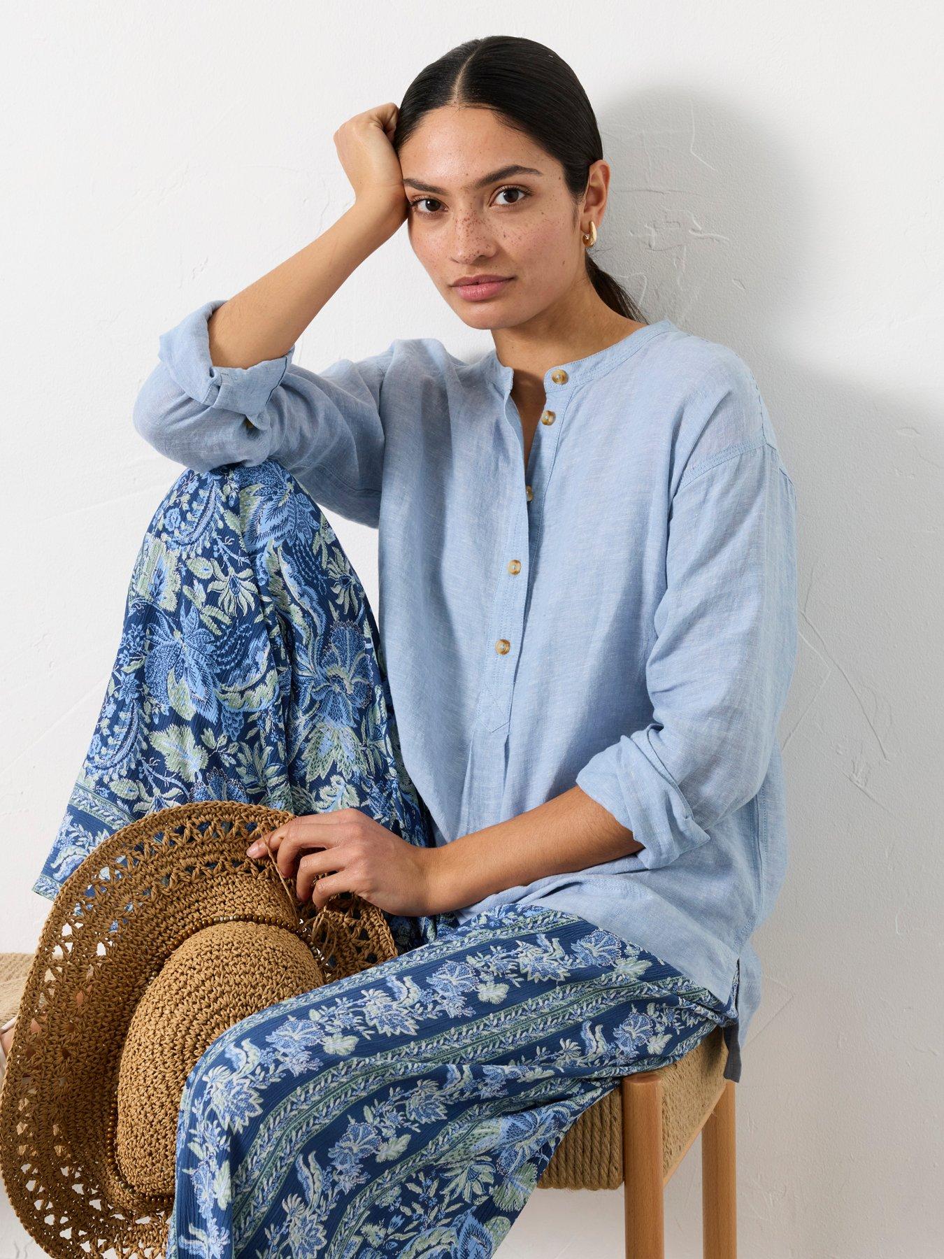 FatFace Julia Linen Popover Blouse - Blue