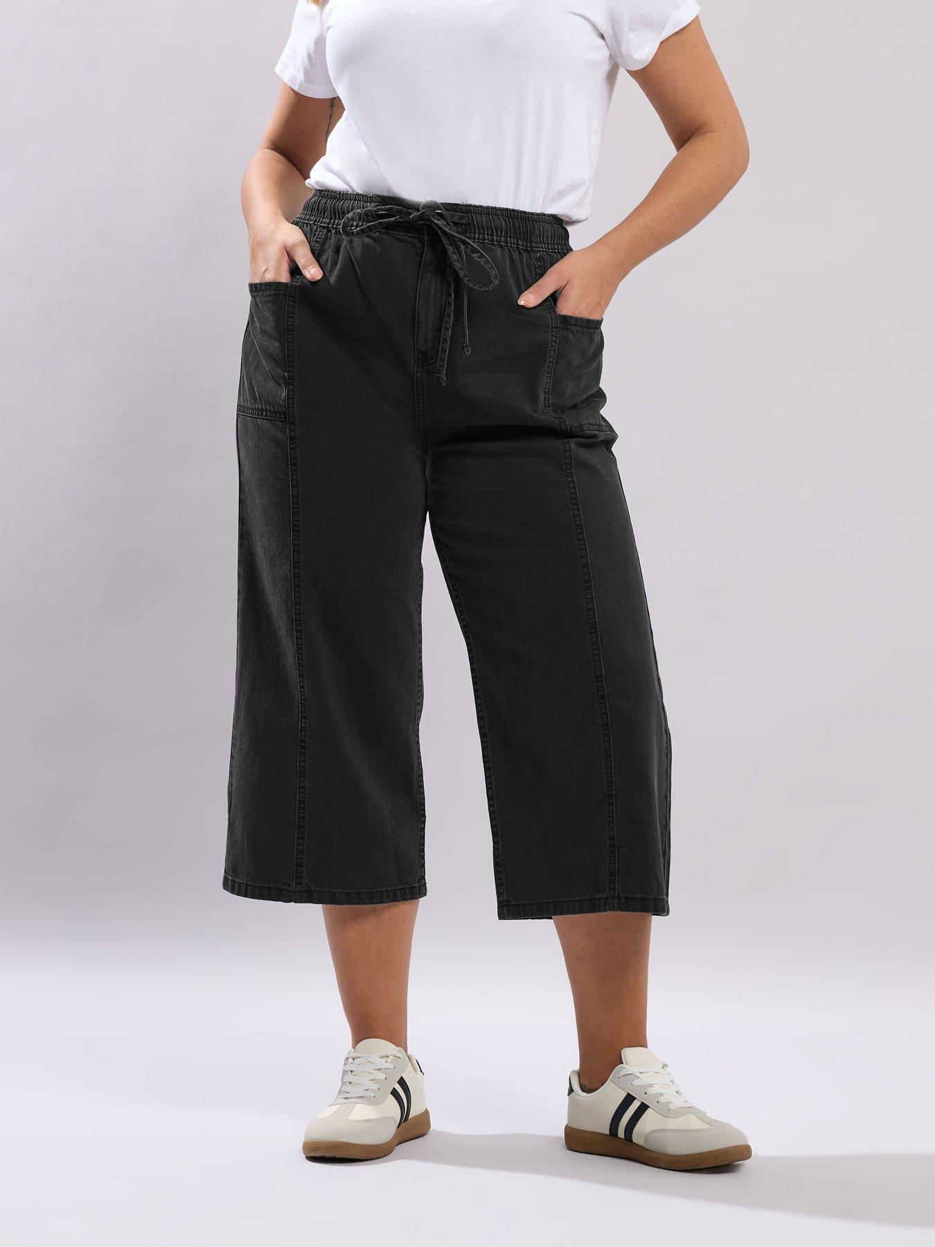 Yours Curve Tie Waist Crop Trouser - Black