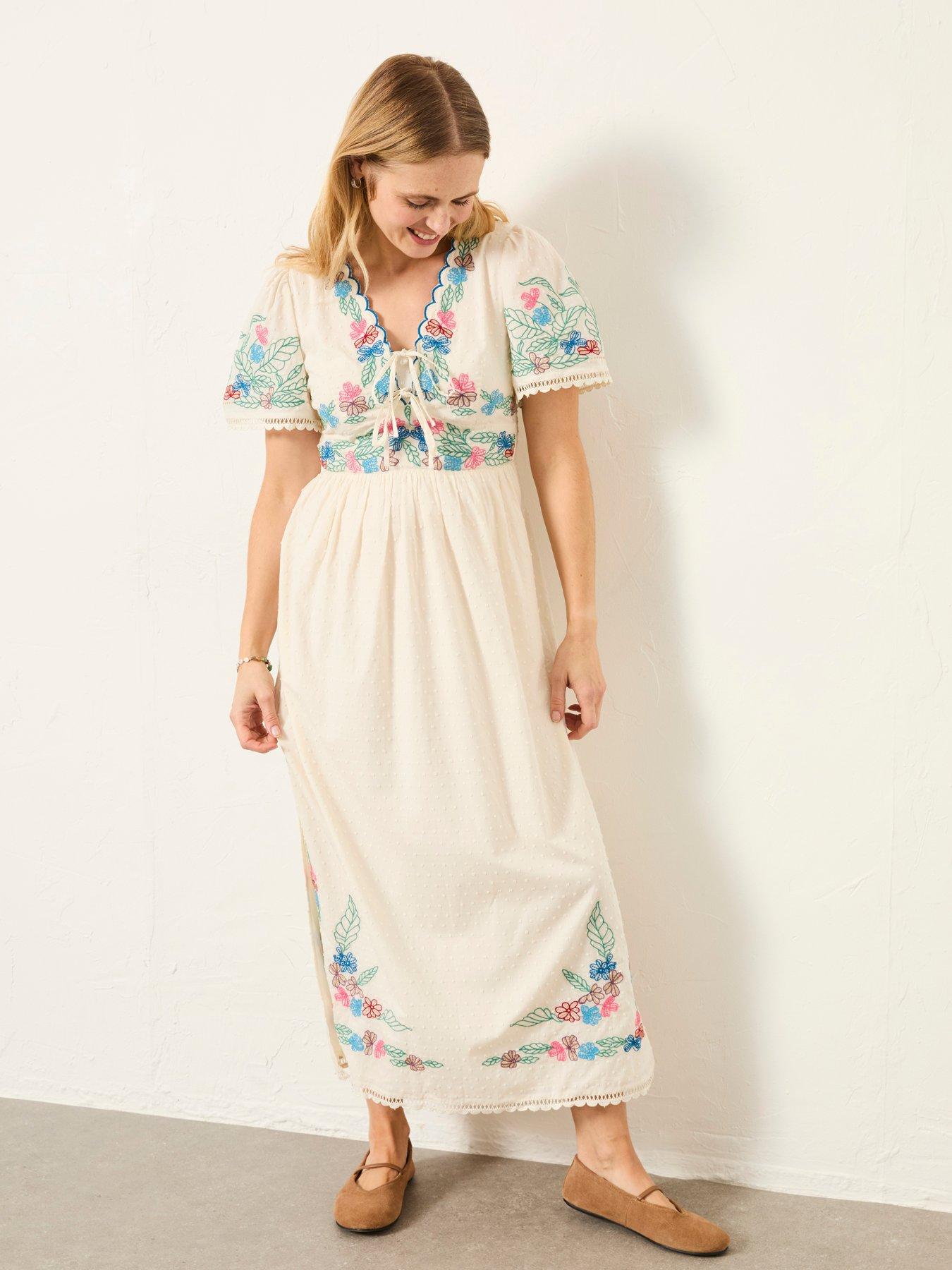 Image 3 of 7 of FatFace Lea Ivory Regular Embroidered Midi Dress