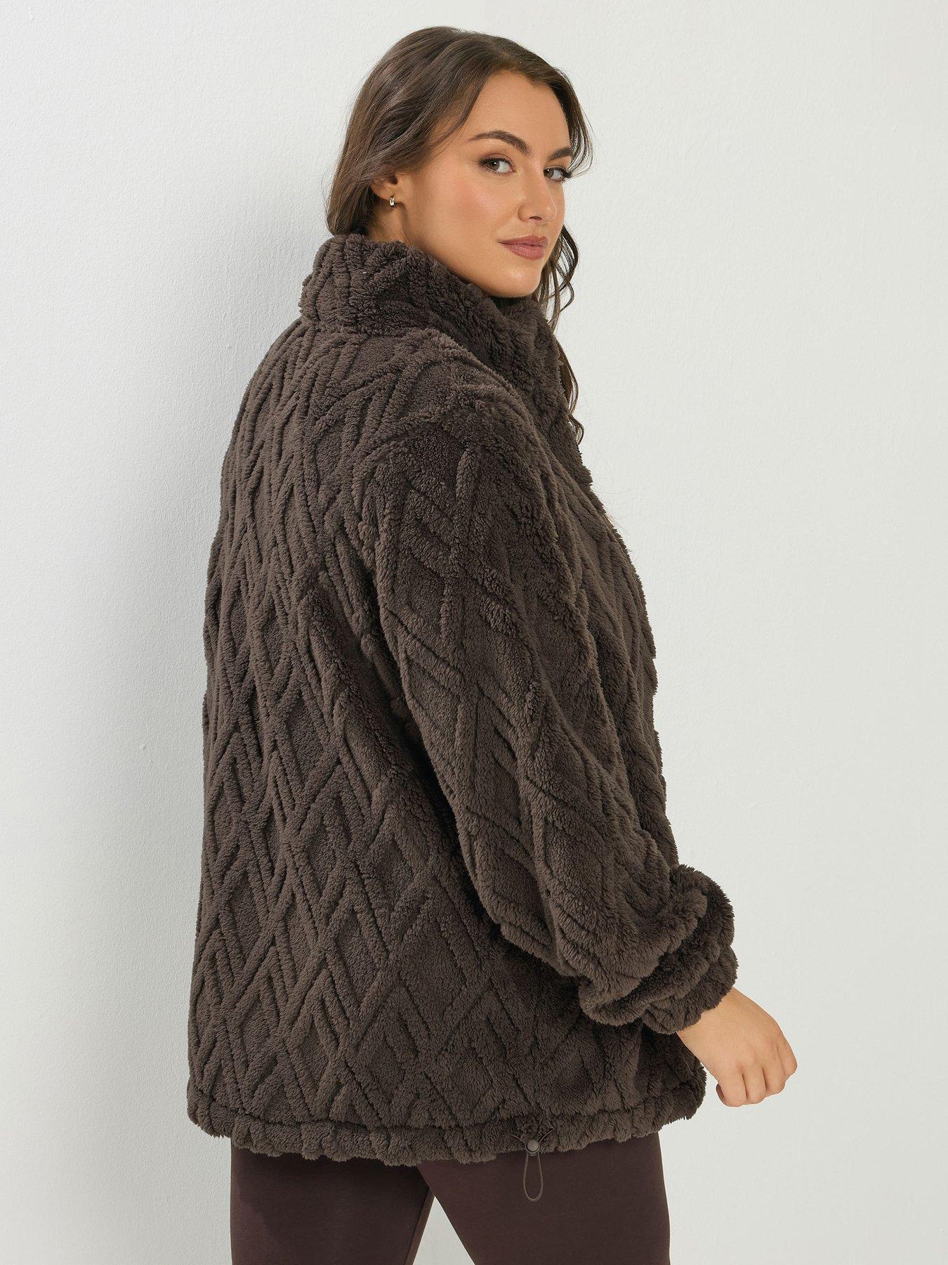  image of yours-curve-texture-zip-through-fleece-jacket-brown
