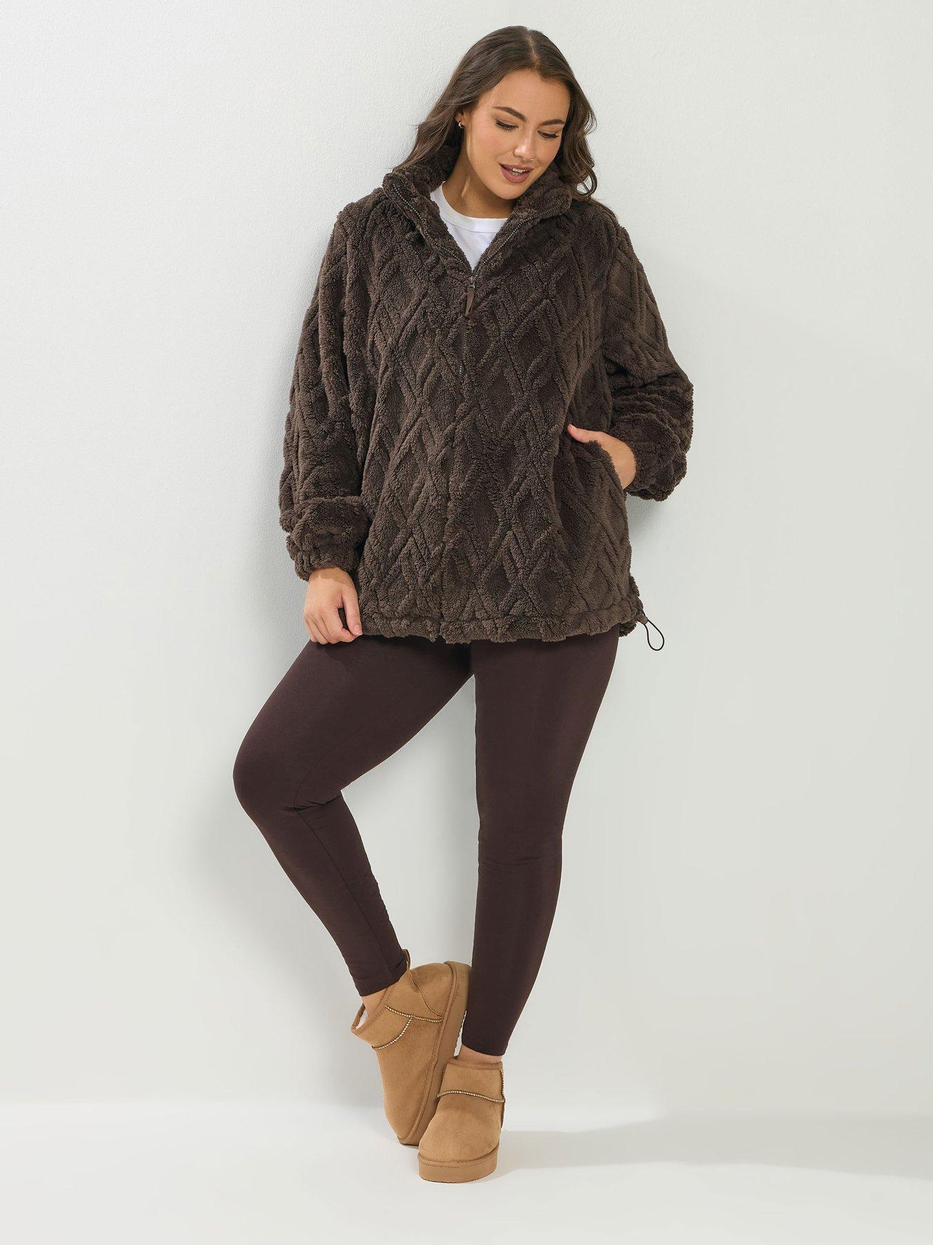  image of yours-curve-texture-zip-through-fleece-jacket-brown