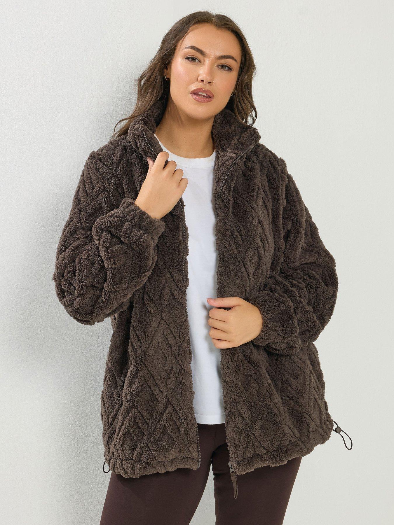  image of yours-curve-texture-zip-through-fleece-jacket-brown