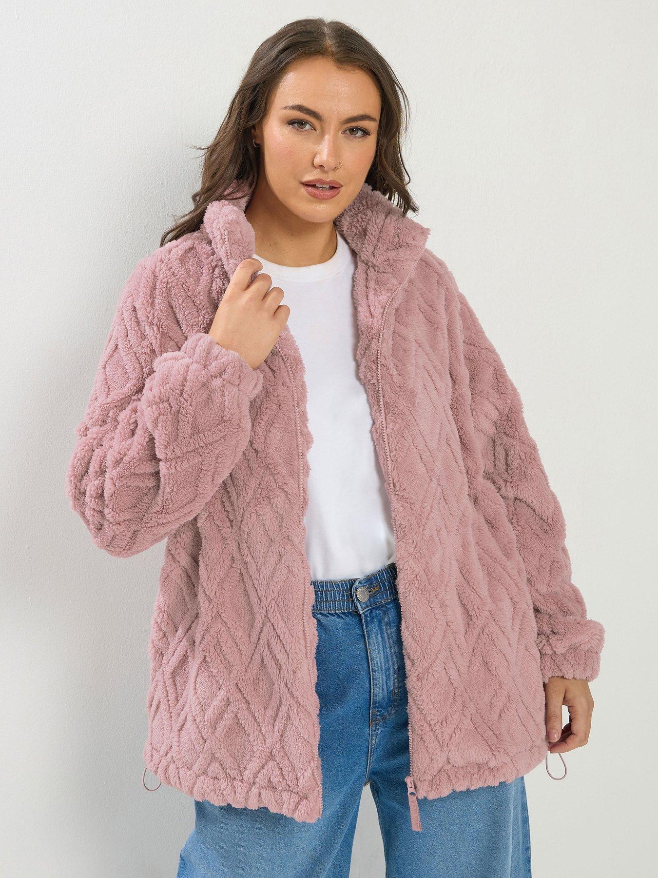Yours Curve Texture Zip Through Fleece Jacket - Pink