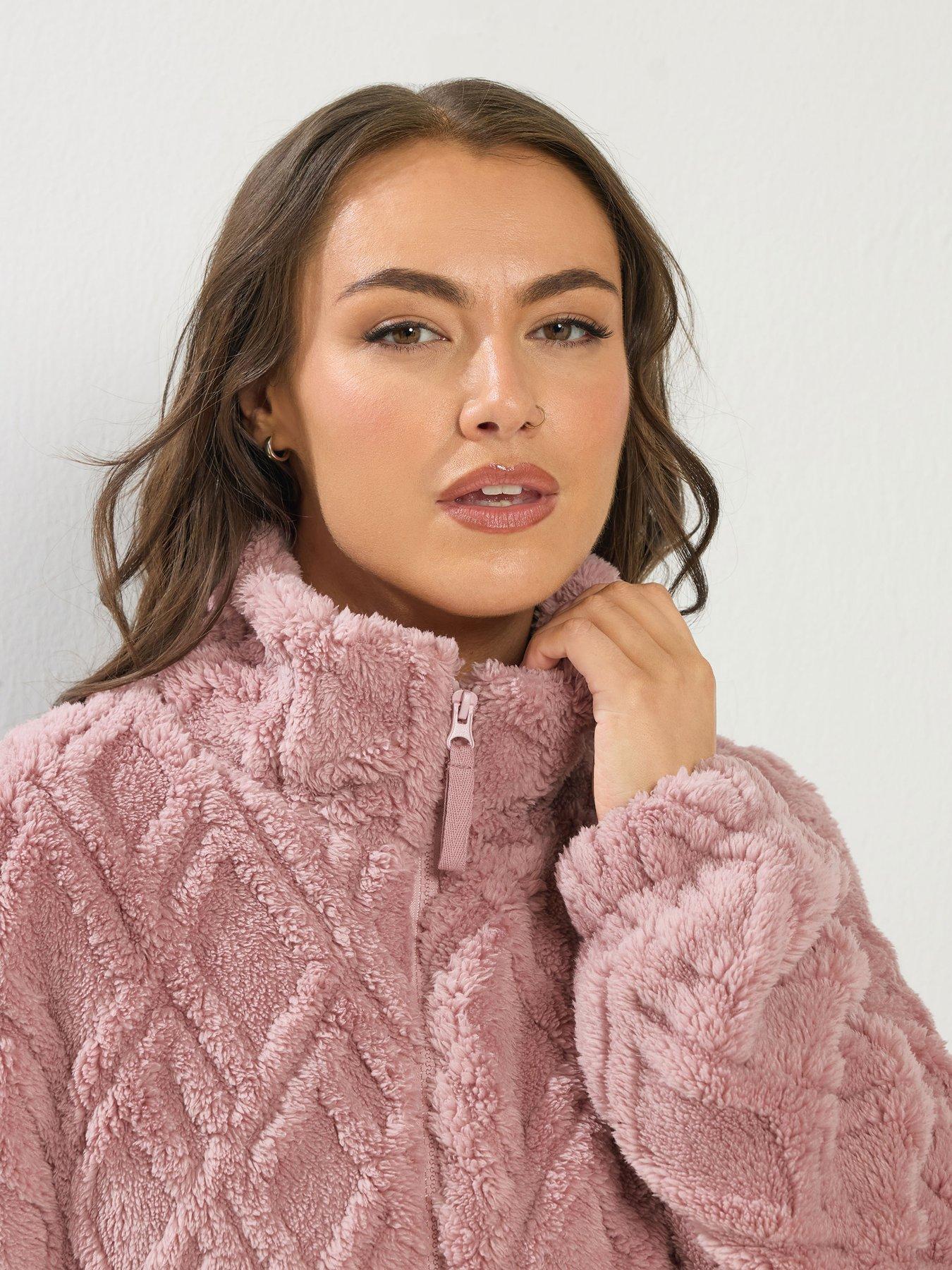 Image 4 of 5 of Yours Curve Texture Zip Through Fleece Jacket - Pink
