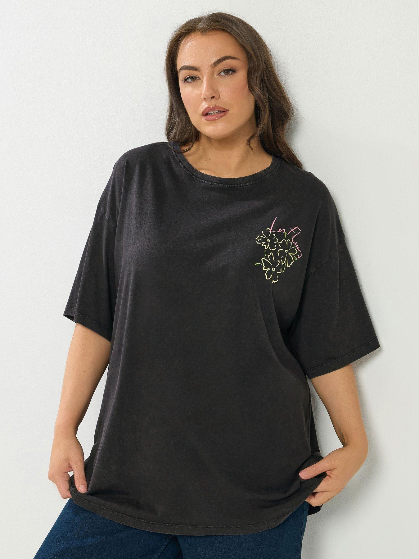 Yours Curve Acidwash Placement T-Shirt - Black