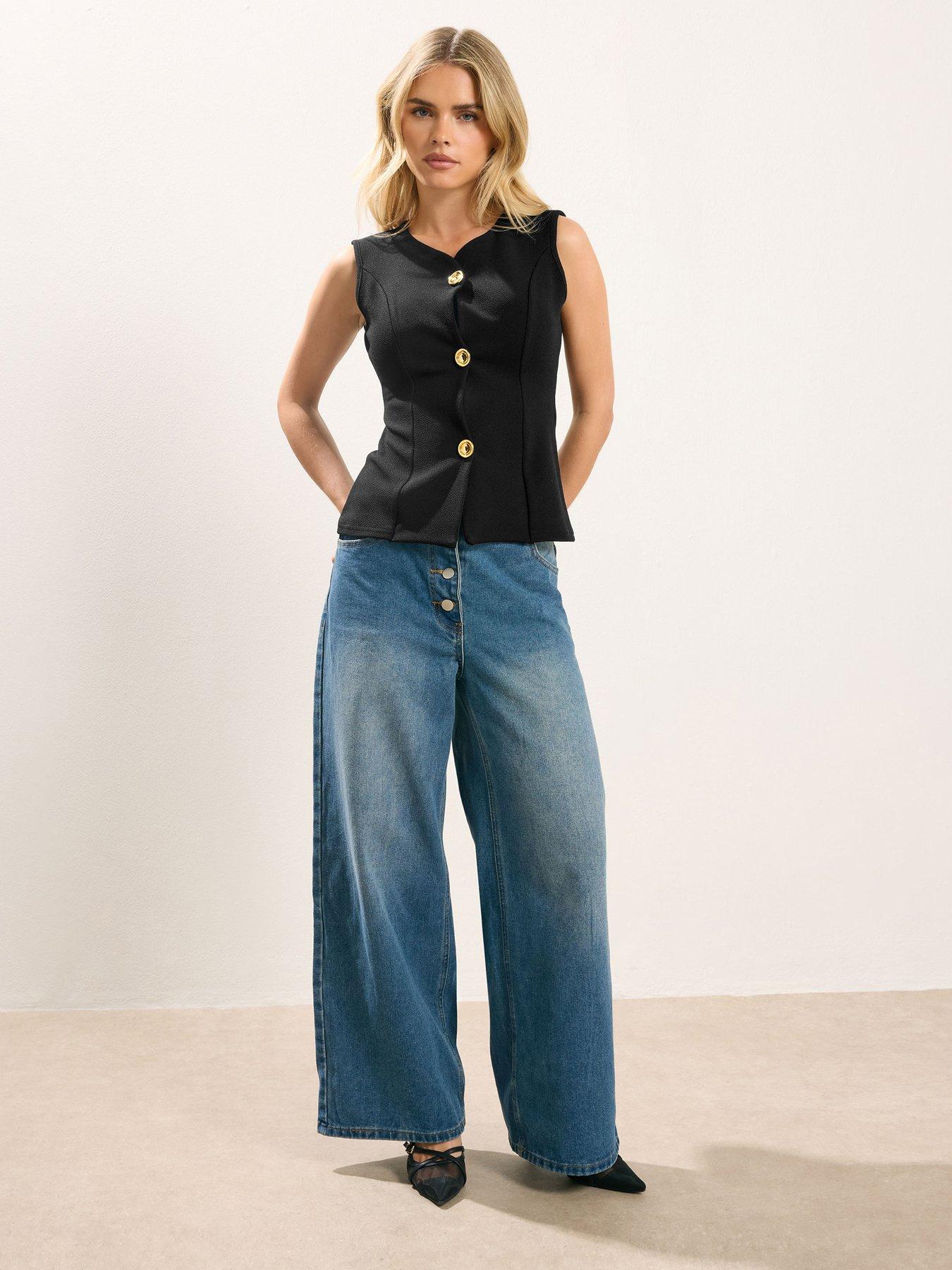  image of pixiegirl-petite-button-sleeveless-top-black