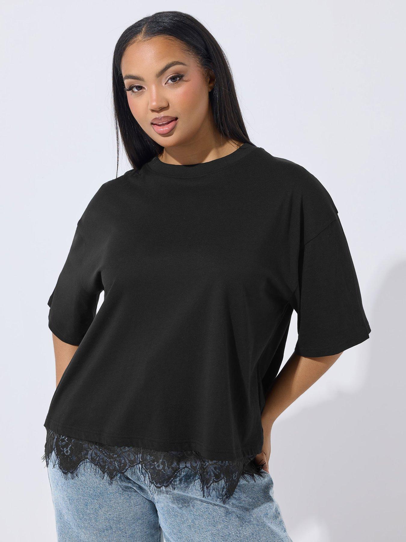 Image 1 of 5 of Yours Curve Lace Hem Top - Black