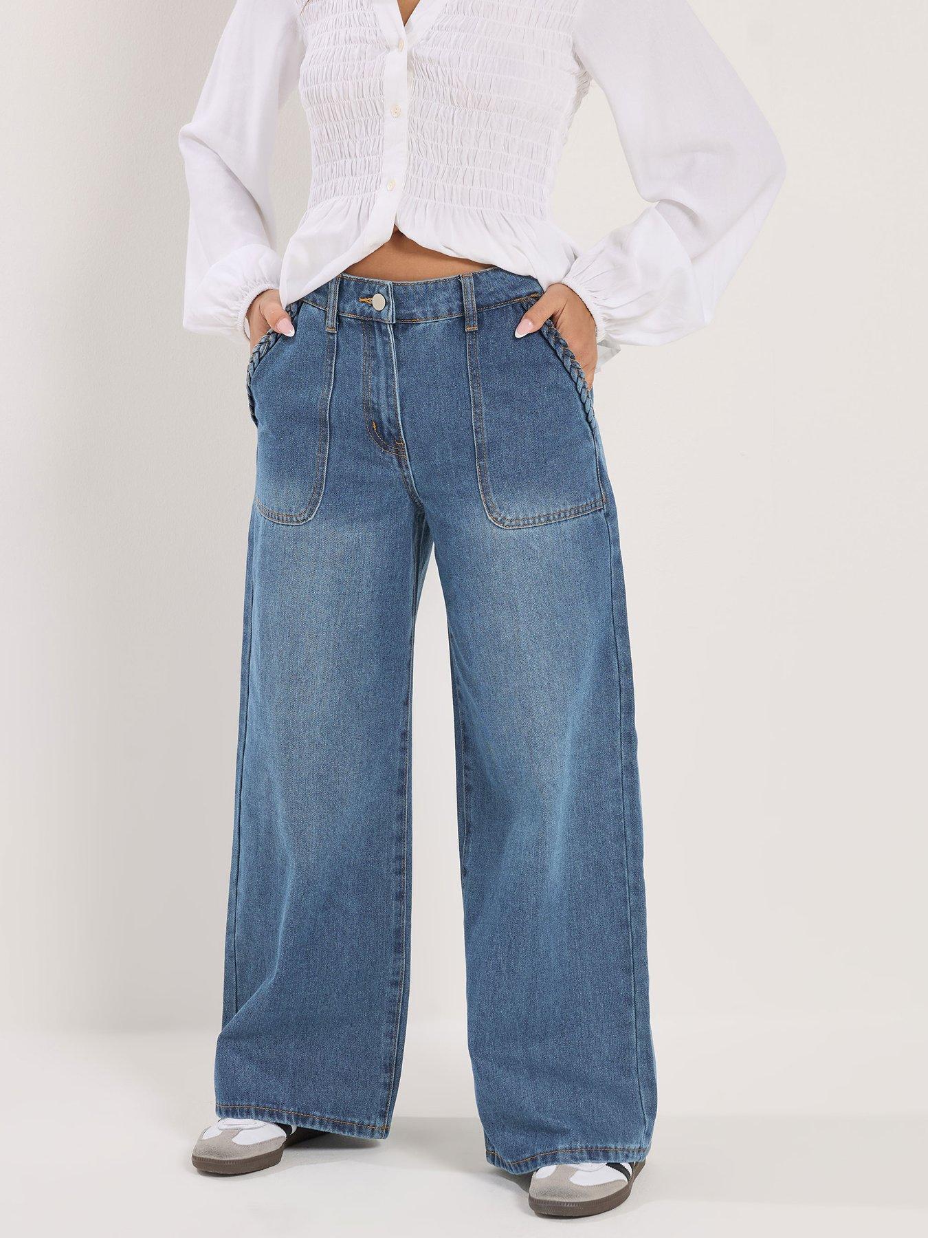 Image 1 of 4 of PixieGirl Petite Plait Pocket Wide Leg Jeans