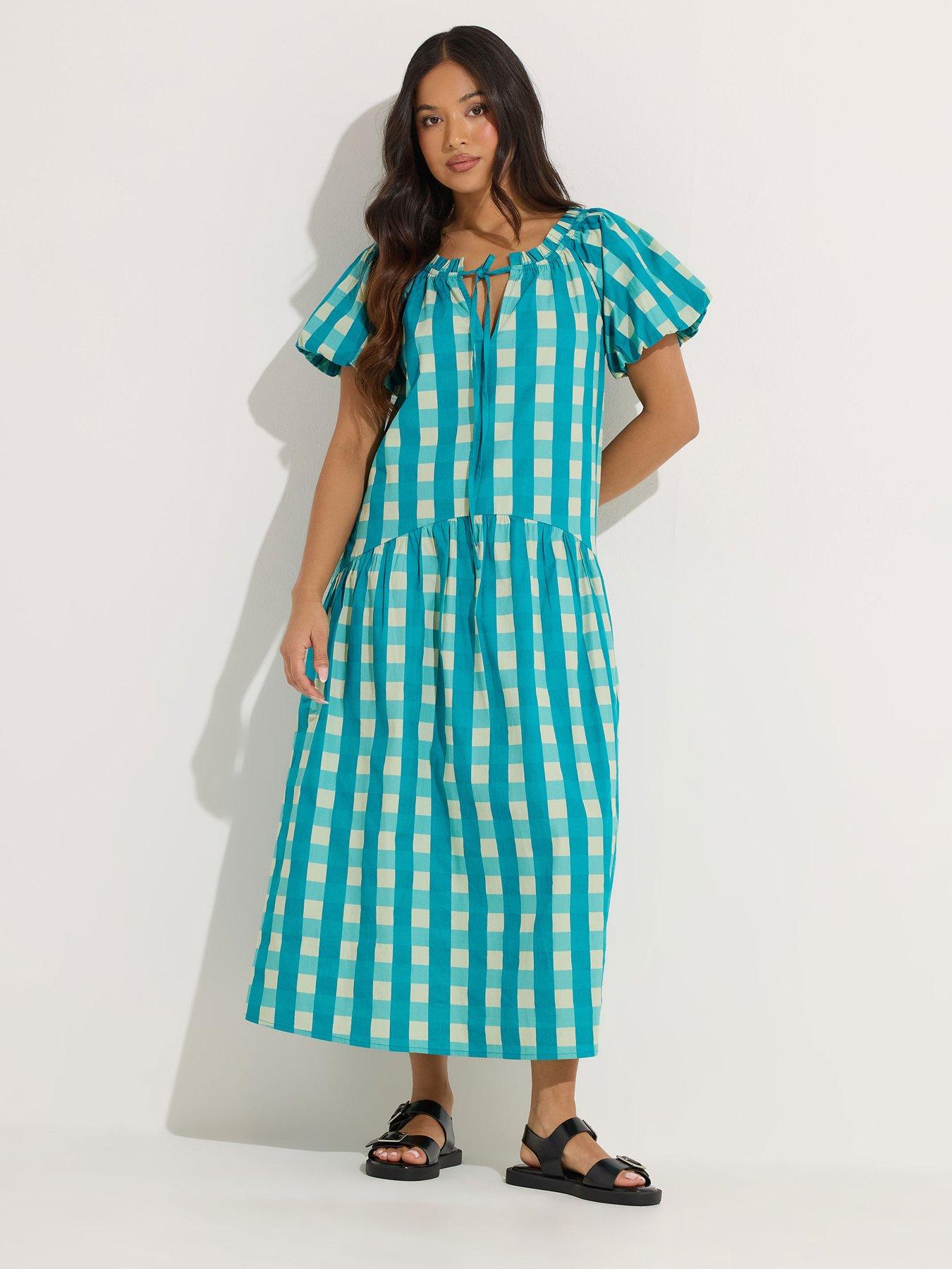  image of pixiegirl-petite-check-tie-neck-drop-tier-dress-green