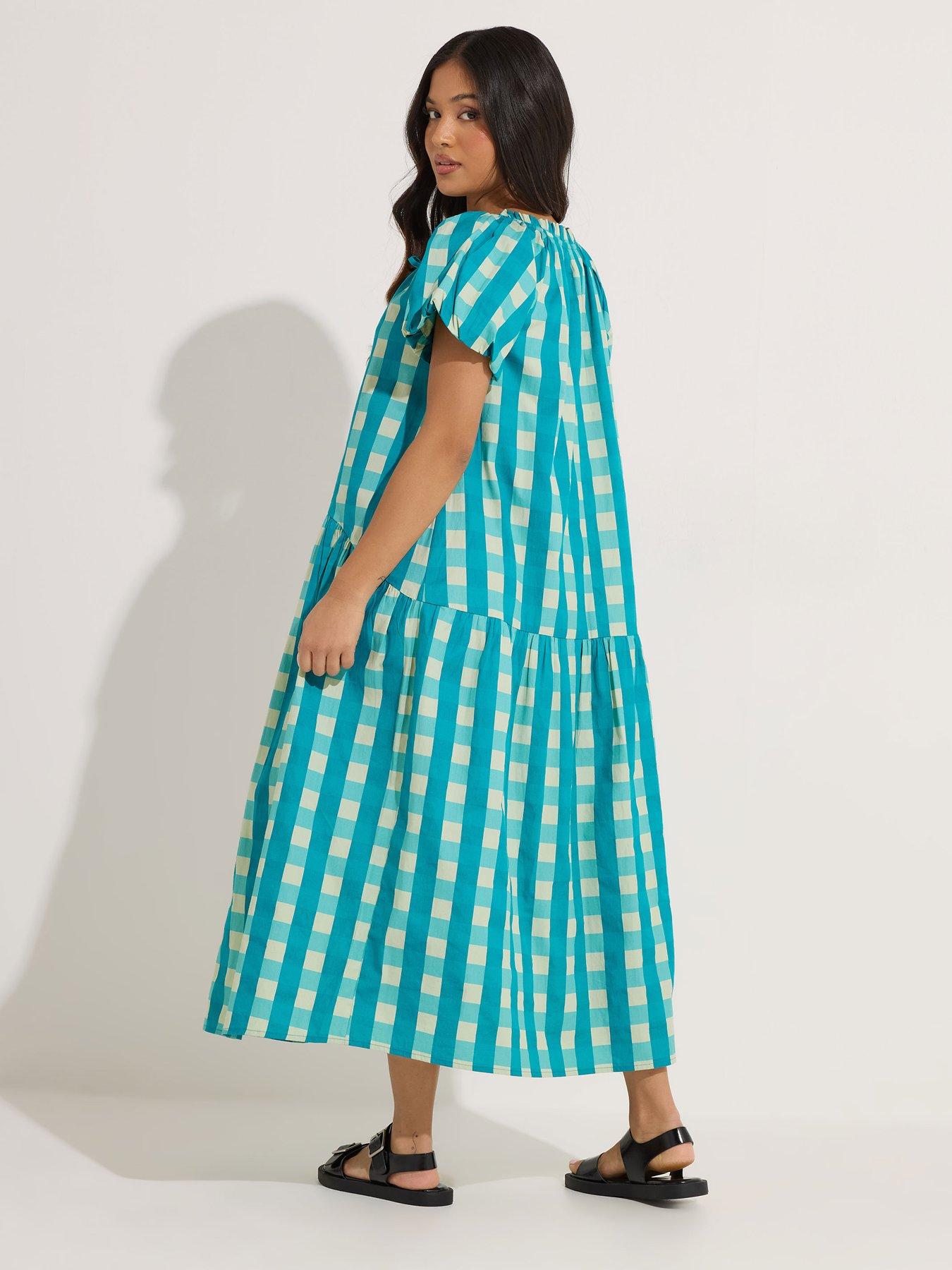  image of pixiegirl-petite-check-tie-neck-drop-tier-dress-green