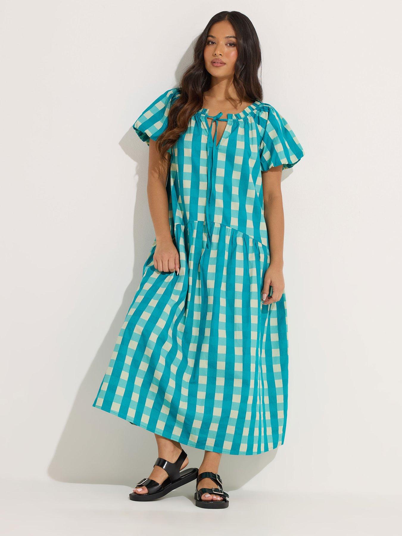  image of pixiegirl-petite-check-tie-neck-drop-tier-dress-green