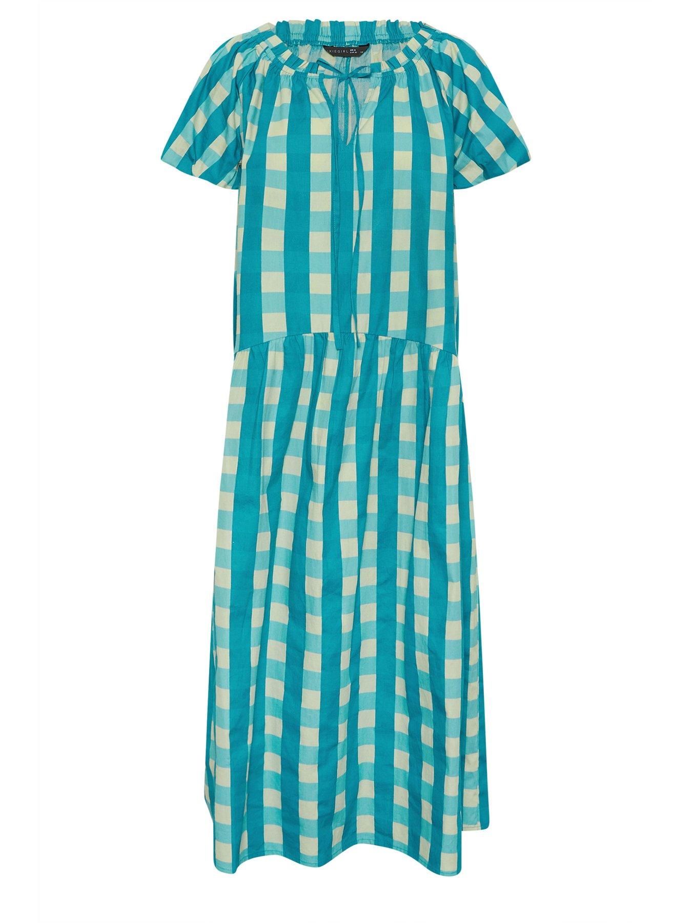  image of pixiegirl-petite-check-tie-neck-drop-tier-dress-green