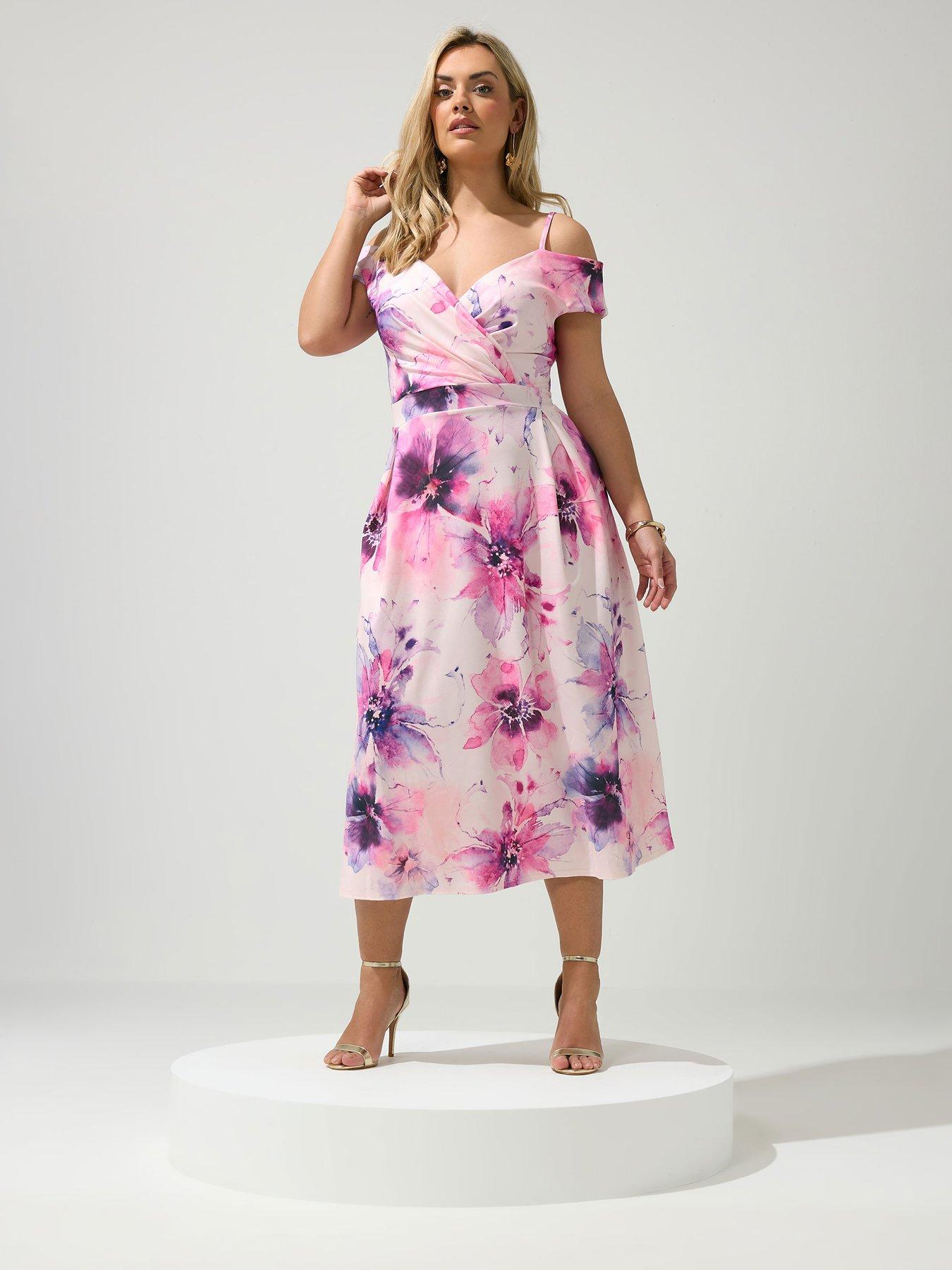 Yours Curve Floral Cold Shoulder Bardot Skater Dress