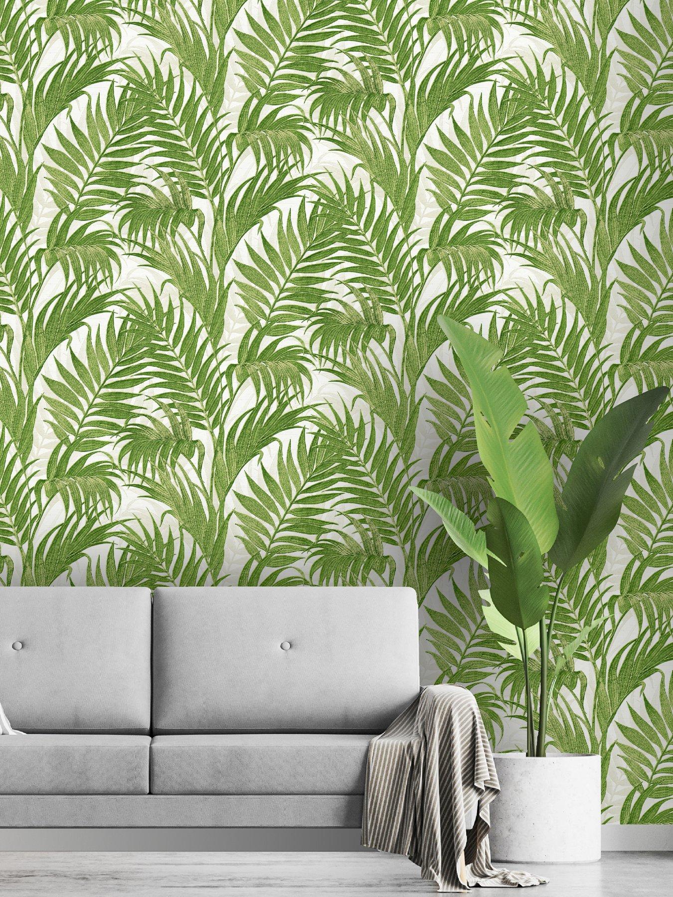 Image 1 of 5 of Design ID Did Tropical Palm Leaf Green &amp; White Wallpaper