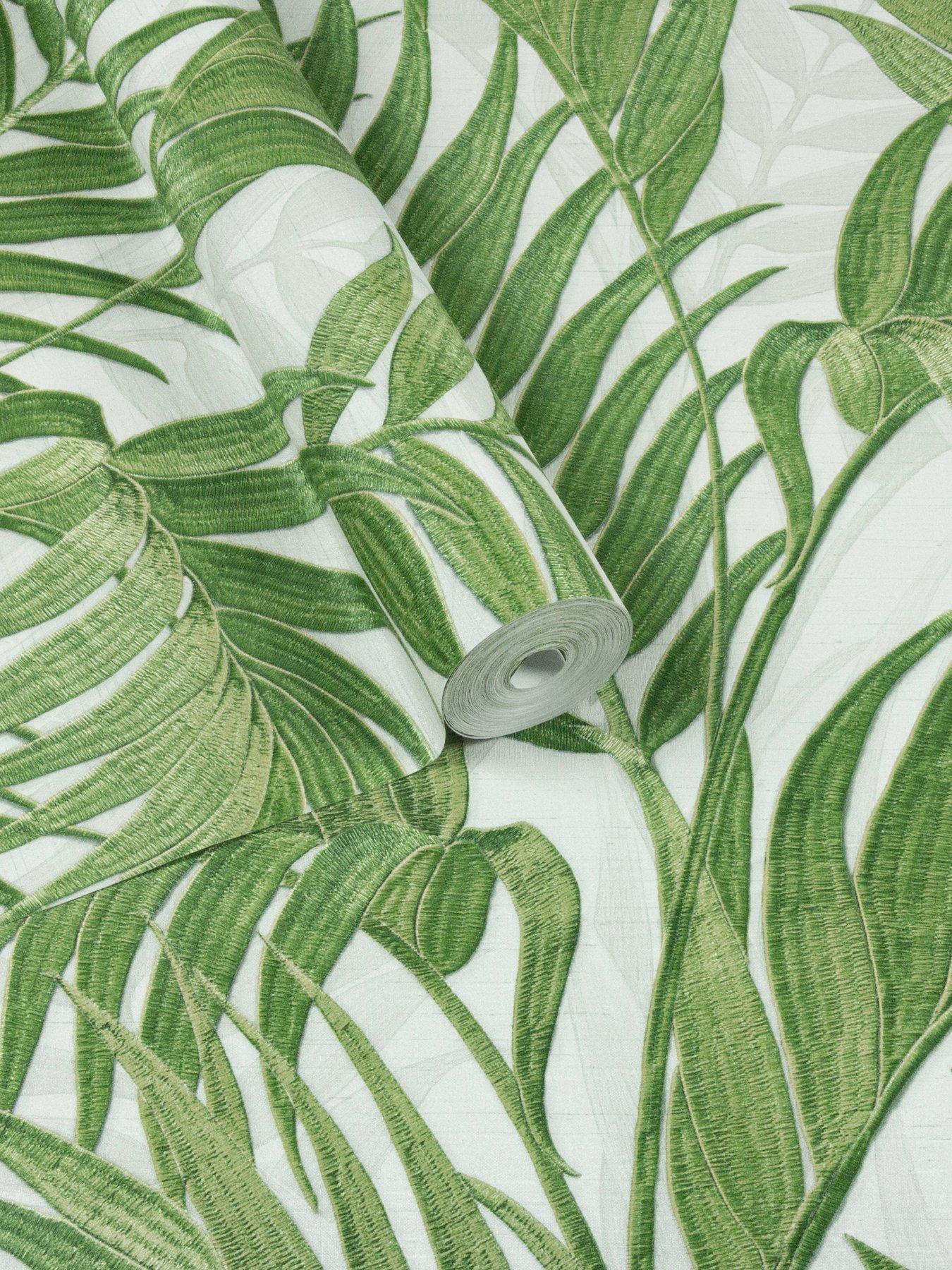 Image 2 of 5 of Design ID Did Tropical Palm Leaf Green &amp; White Wallpaper