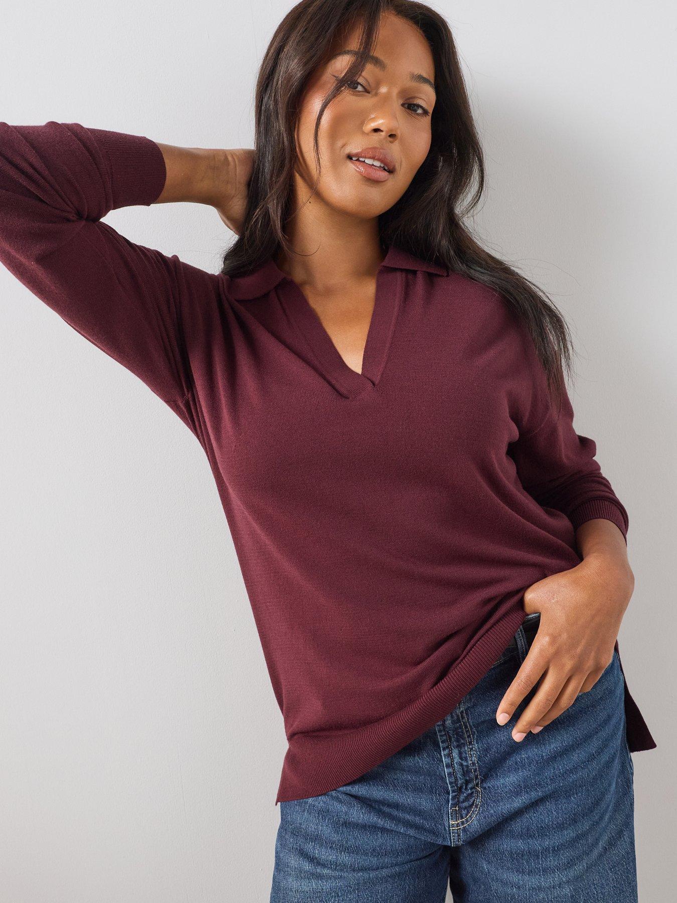 Image 1 of 6 of The Very Collection Curve Classic Comfort Button Collared Jumper - Burgundy