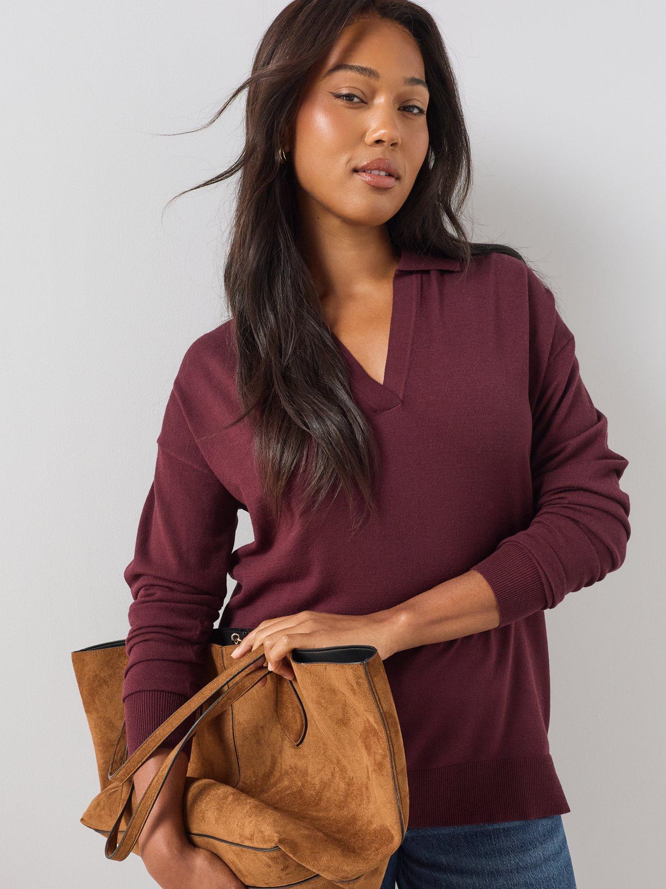 Image 4 of 6 of The Very Collection Curve Classic Comfort Button Collared Jumper - Burgundy
