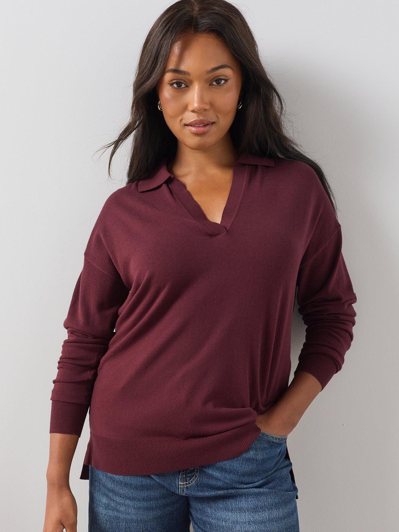 Image 5 of 6 of The Very Collection Curve Classic Comfort Button Collared Jumper - Burgundy