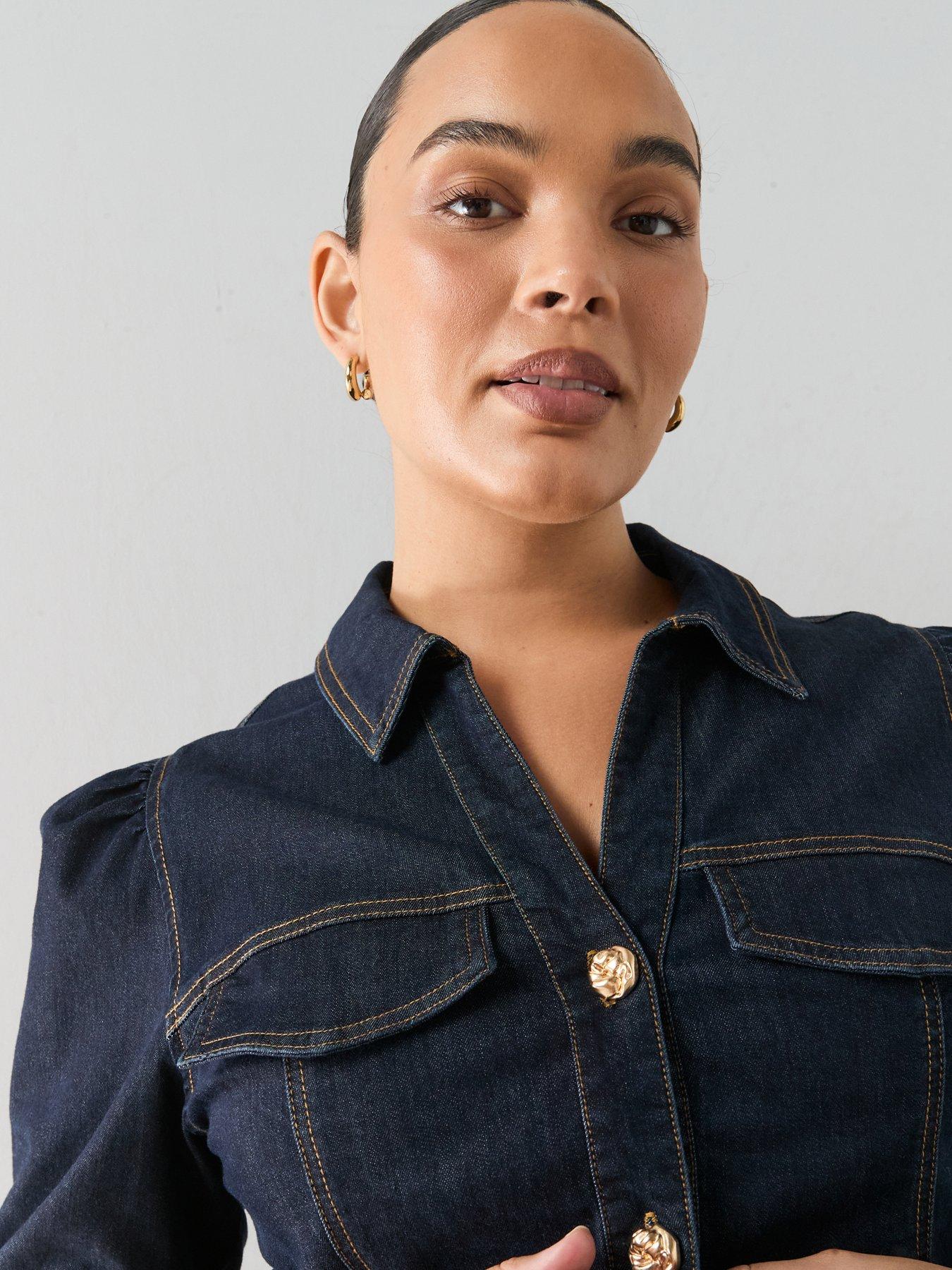 Image 4 of 6 of The Very Collection Curve Button Through Waisted Denim Shirt - Indigo Denim