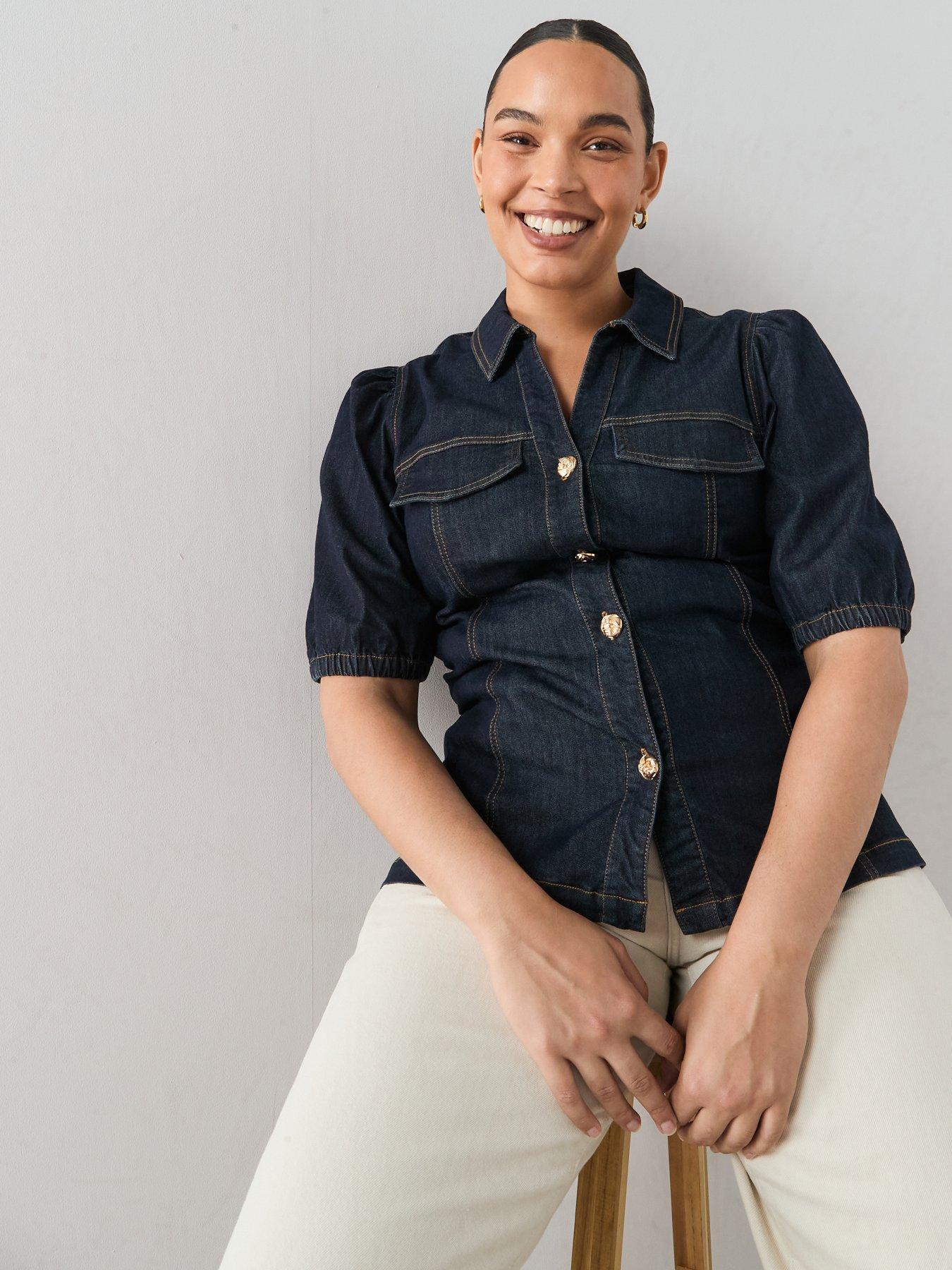 Image 5 of 6 of The Very Collection Curve Button Through Waisted Denim Shirt - Indigo Denim