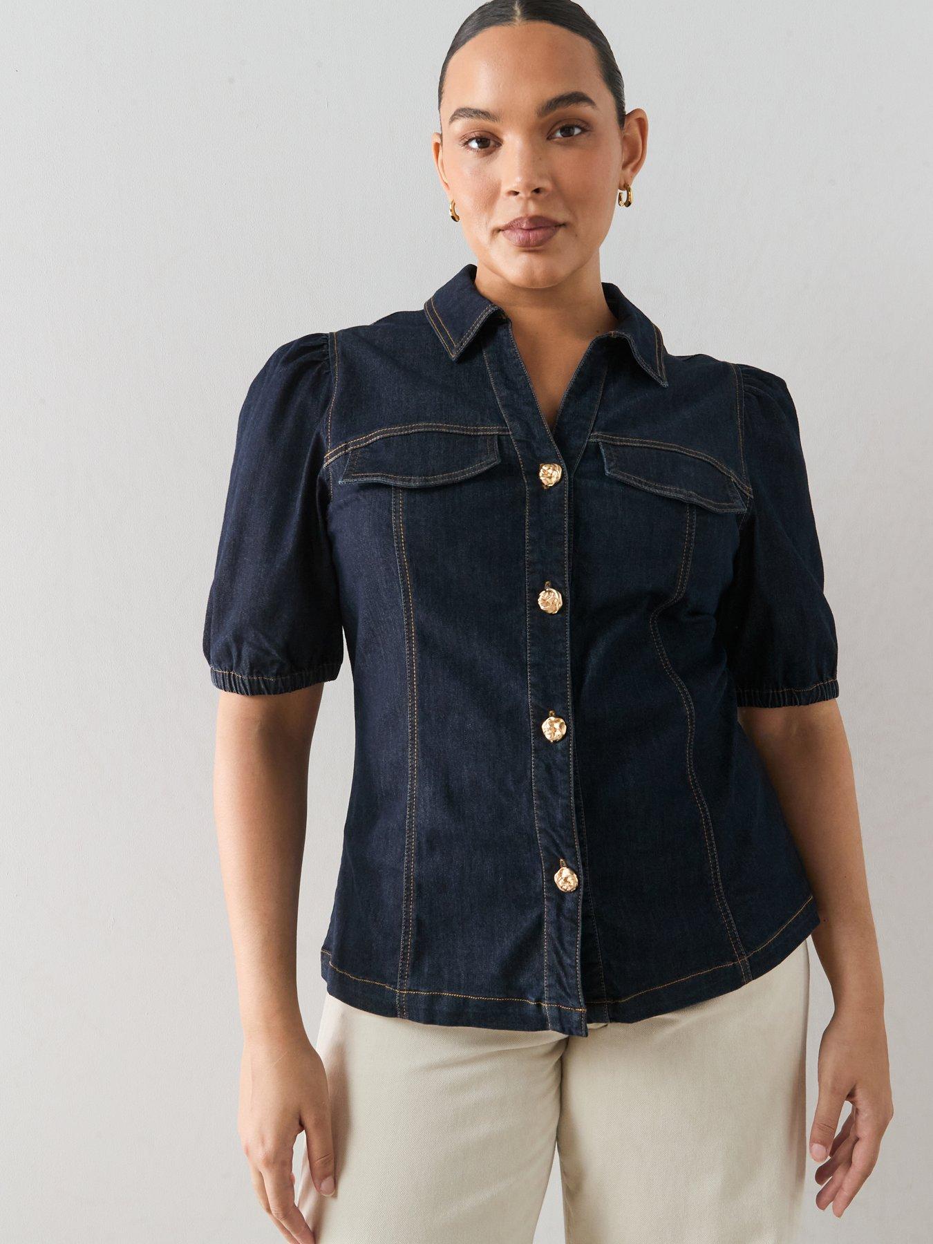 Image 6 of 6 of The Very Collection Curve Button Through Waisted Denim Shirt - Indigo Denim