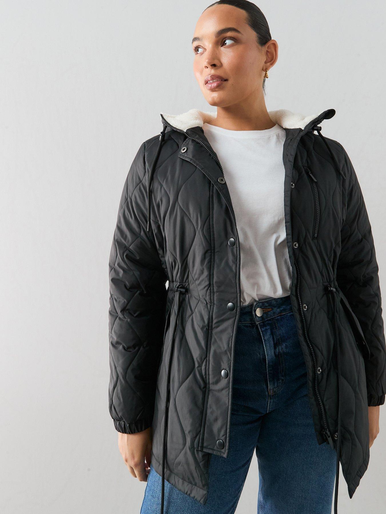 The Very Collection Curve Fleece Hood Quilted Padded Jacket - Black