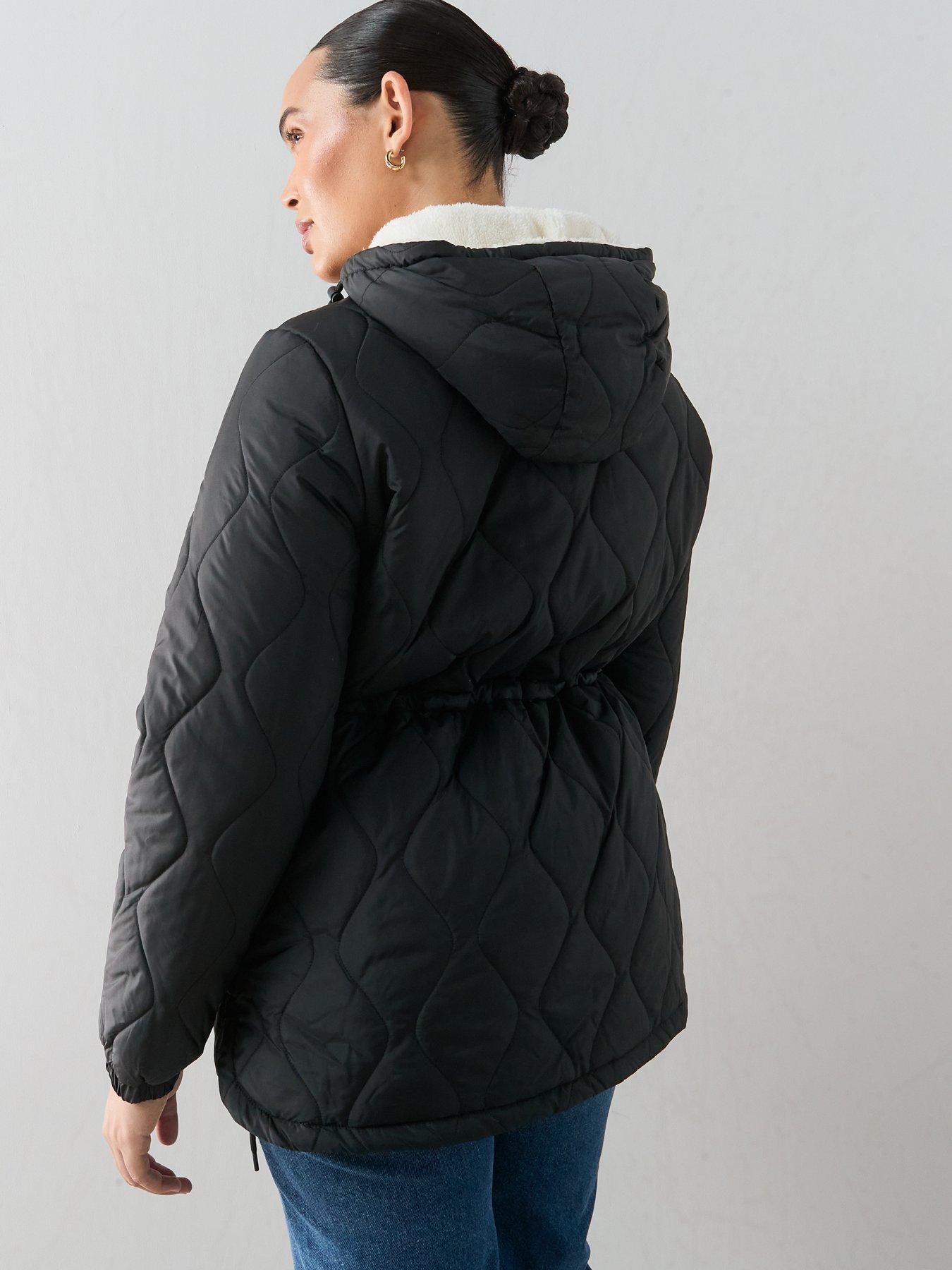 Image 2 of 6 of The Very Collection Curve Fleece Hood Quilted Padded Jacket - Black