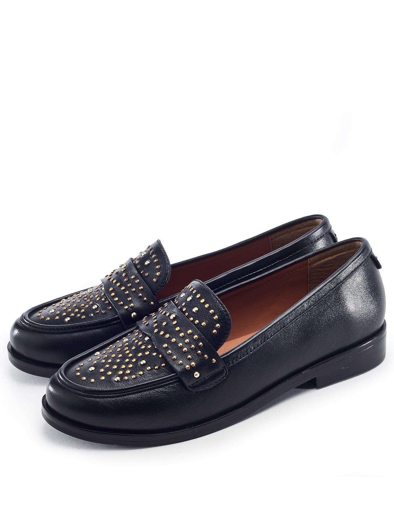 Image 2 of 4 of Moda In Pelle Feona Black Leather Stud Detail Flat Loafer
