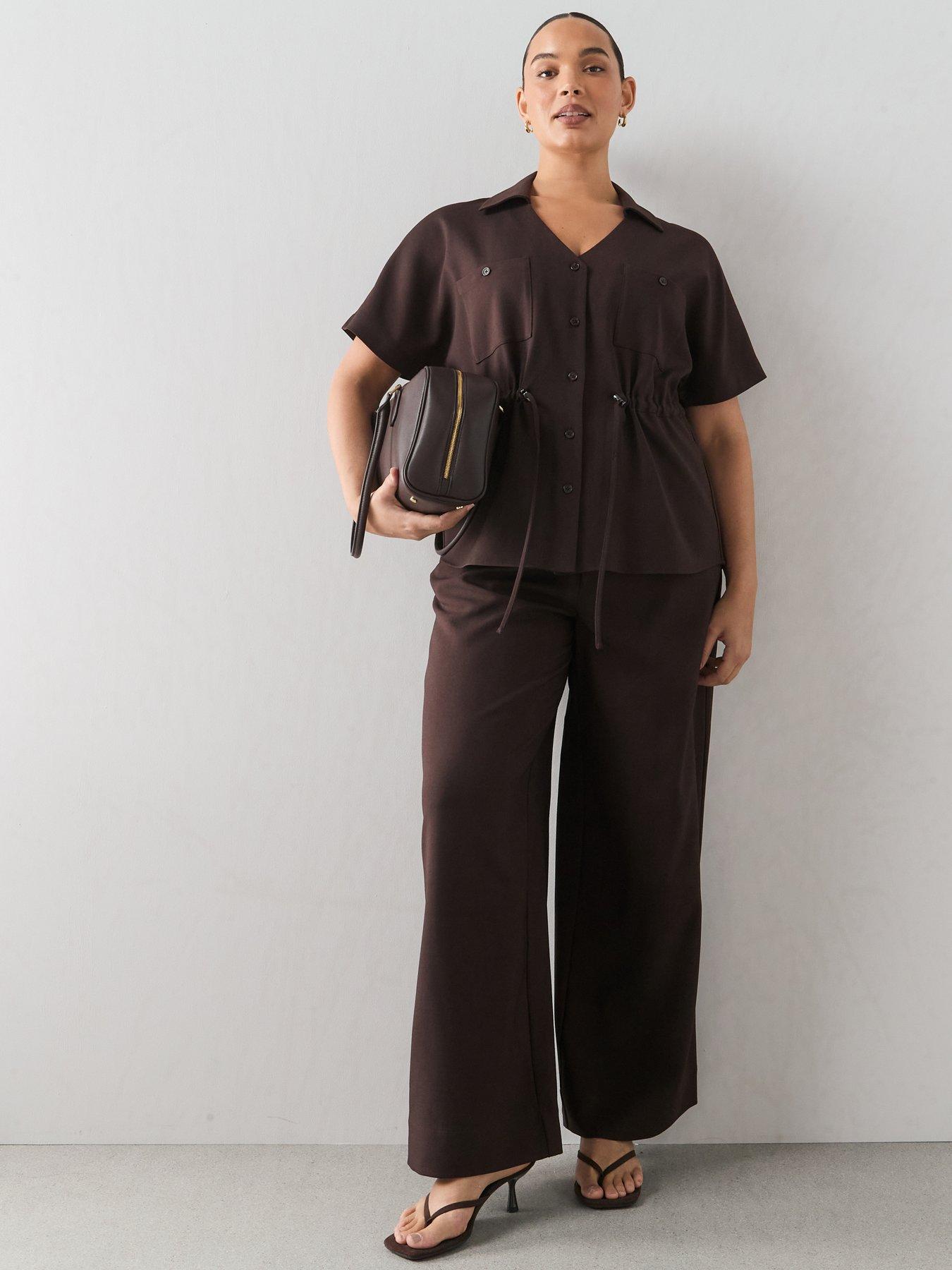 Image 3 of 6 of The Very Collection Curve Cinched Waist Shirt Co-ord - Dark Brown