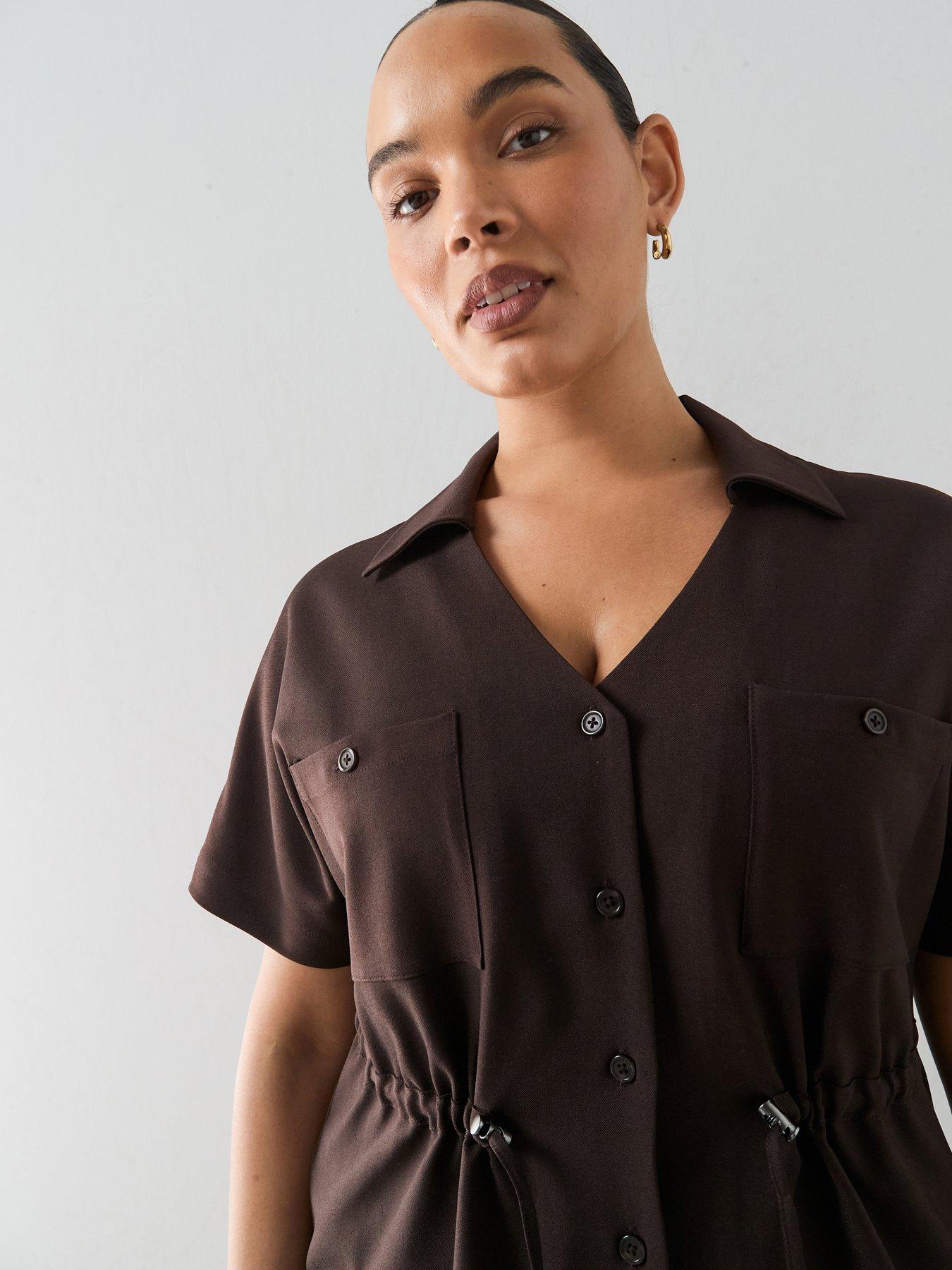 Image 4 of 6 of The Very Collection Curve Cinched Waist Shirt Co-ord - Dark Brown