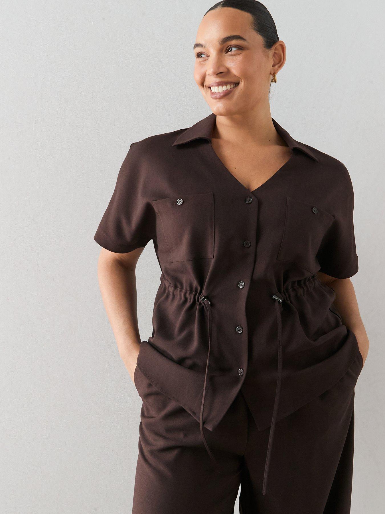 Image 5 of 6 of The Very Collection Curve Cinched Waist Shirt Co-ord - Dark Brown