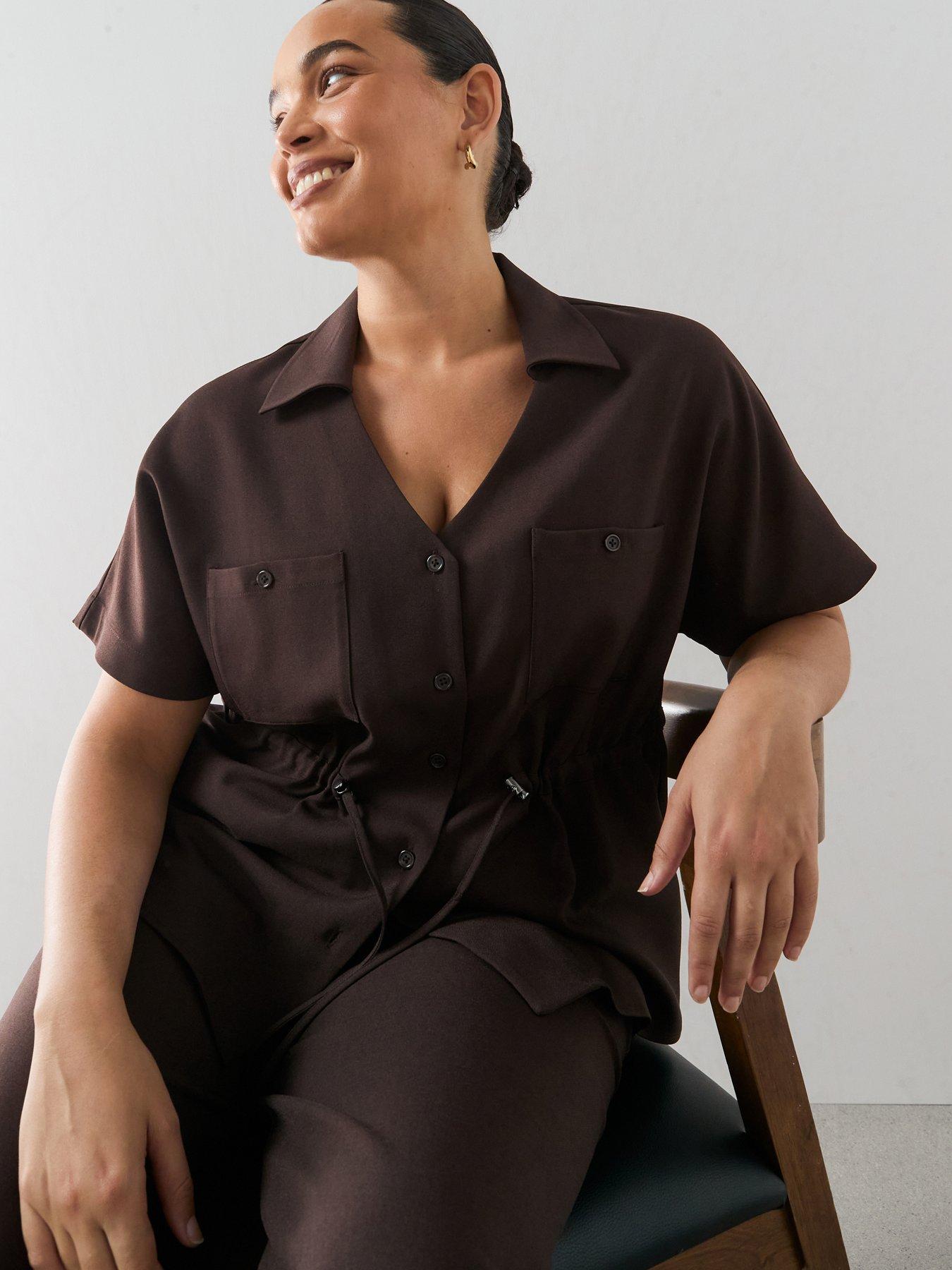 Image 6 of 6 of The Very Collection Curve Cinched Waist Shirt Co-ord - Dark Brown