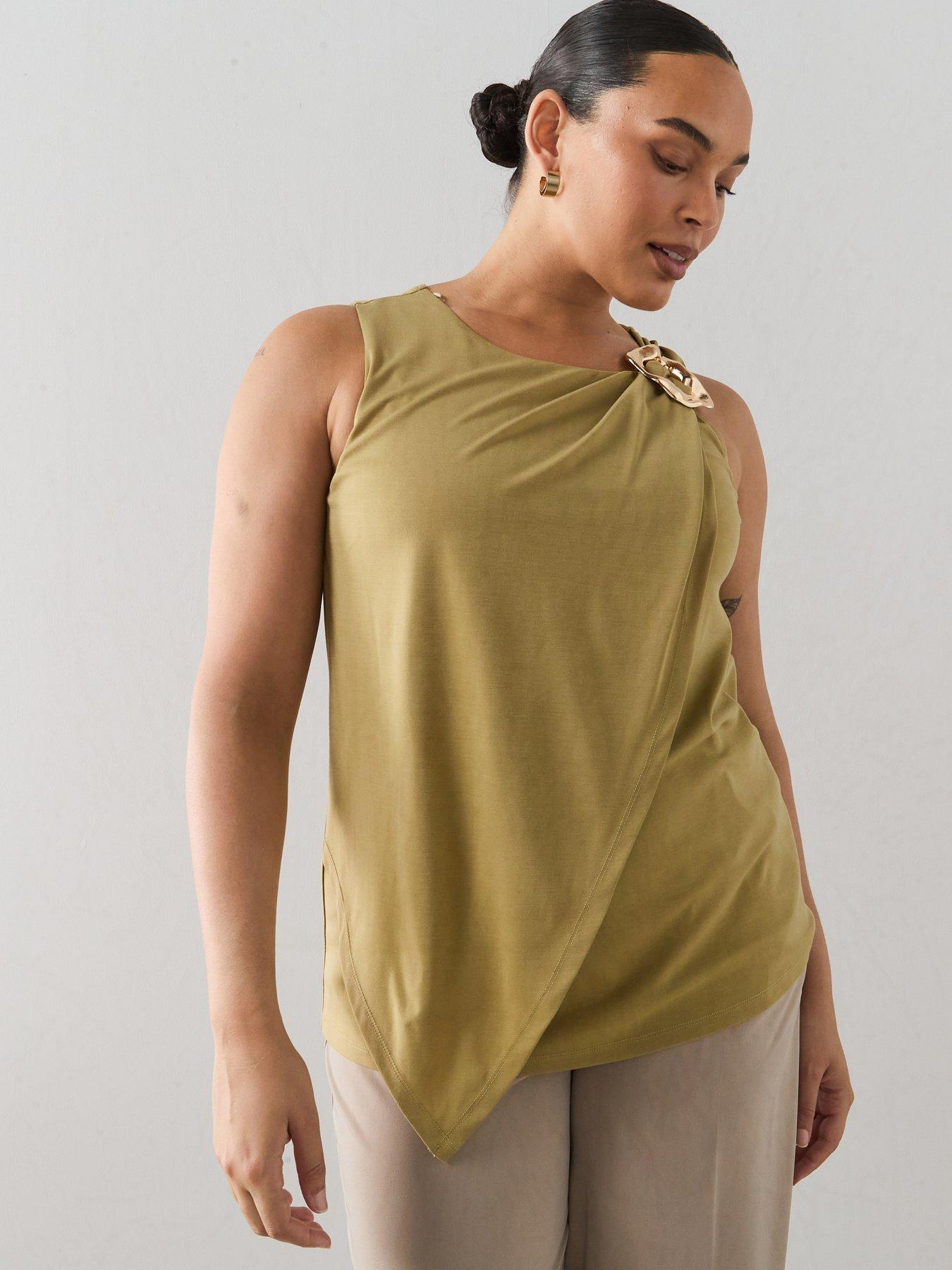 The Very Collection Curve Drape Gold Trim Top - Green