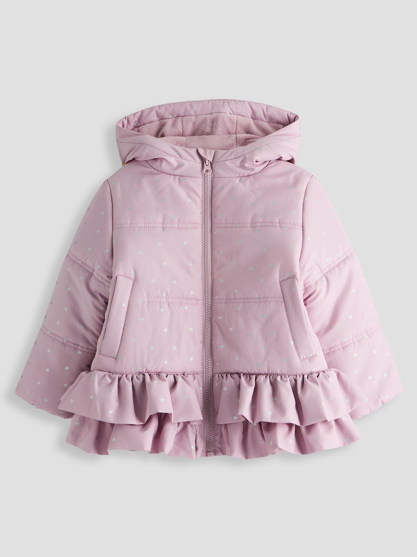 The Very Collection Girls Frill Heart Print Hem Padded Hooded Coat - Pink